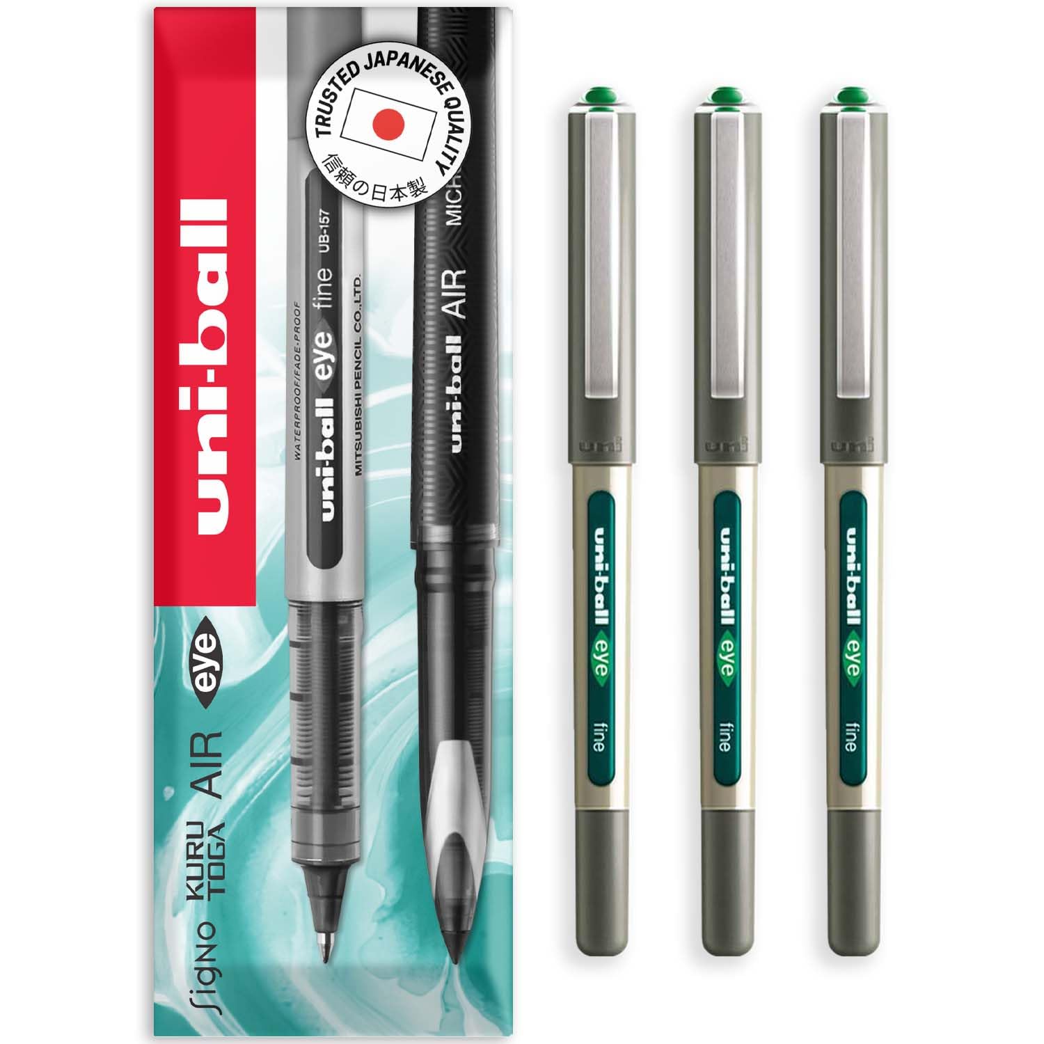uni-ball EYE - UB-157E Rollerball Pens - 0.7mm Nib - In Envelope Gift Packaging (Pack of 3, Green)