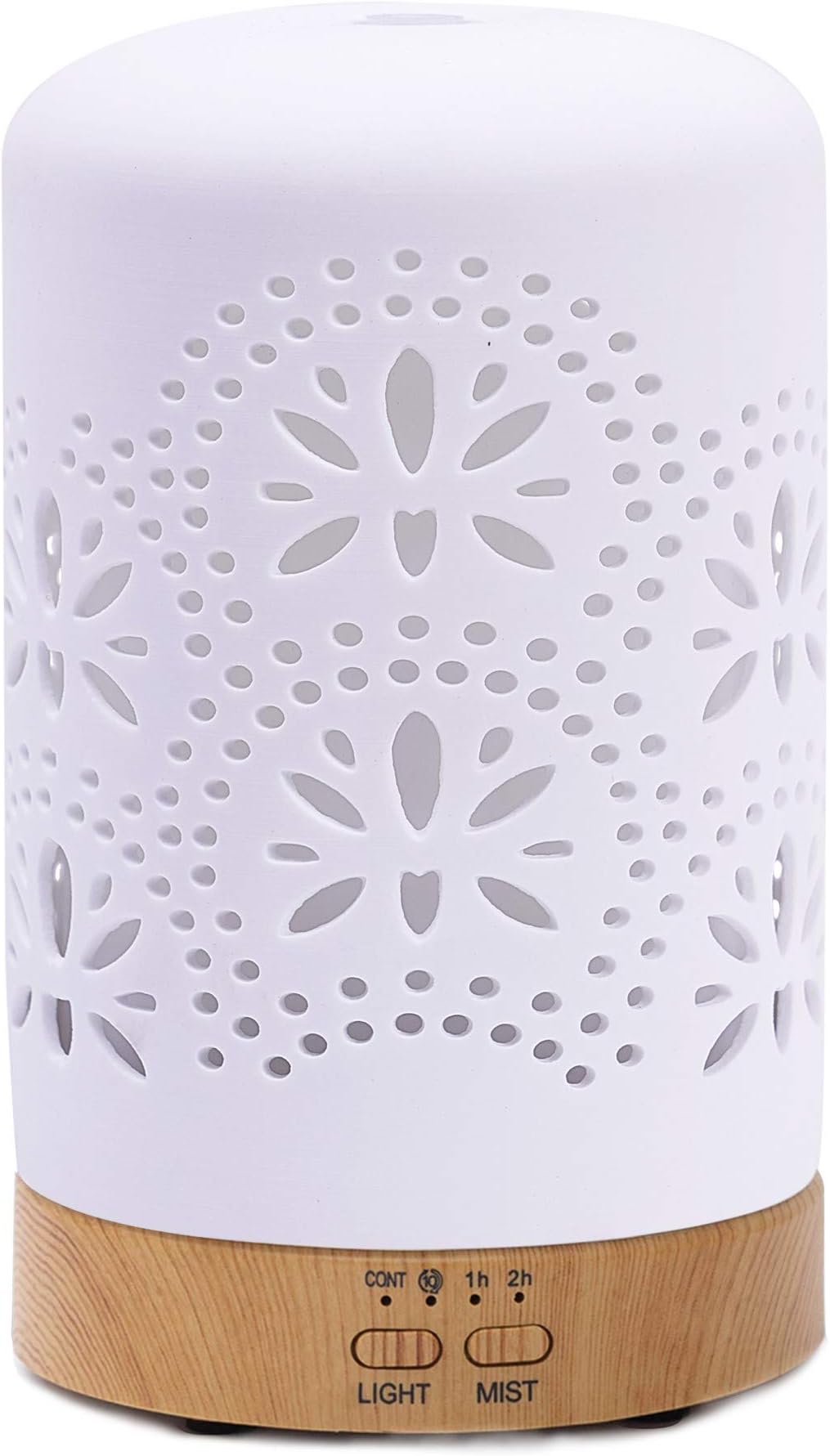 Ceramic White Diffusers for Essential Oils Cool Mist Humidifier for Home Office Bedroom, Wood Base, 120ml, Timer Setting, 7 Color Night Lights and Auto Off, BPA-Free, （Flower）