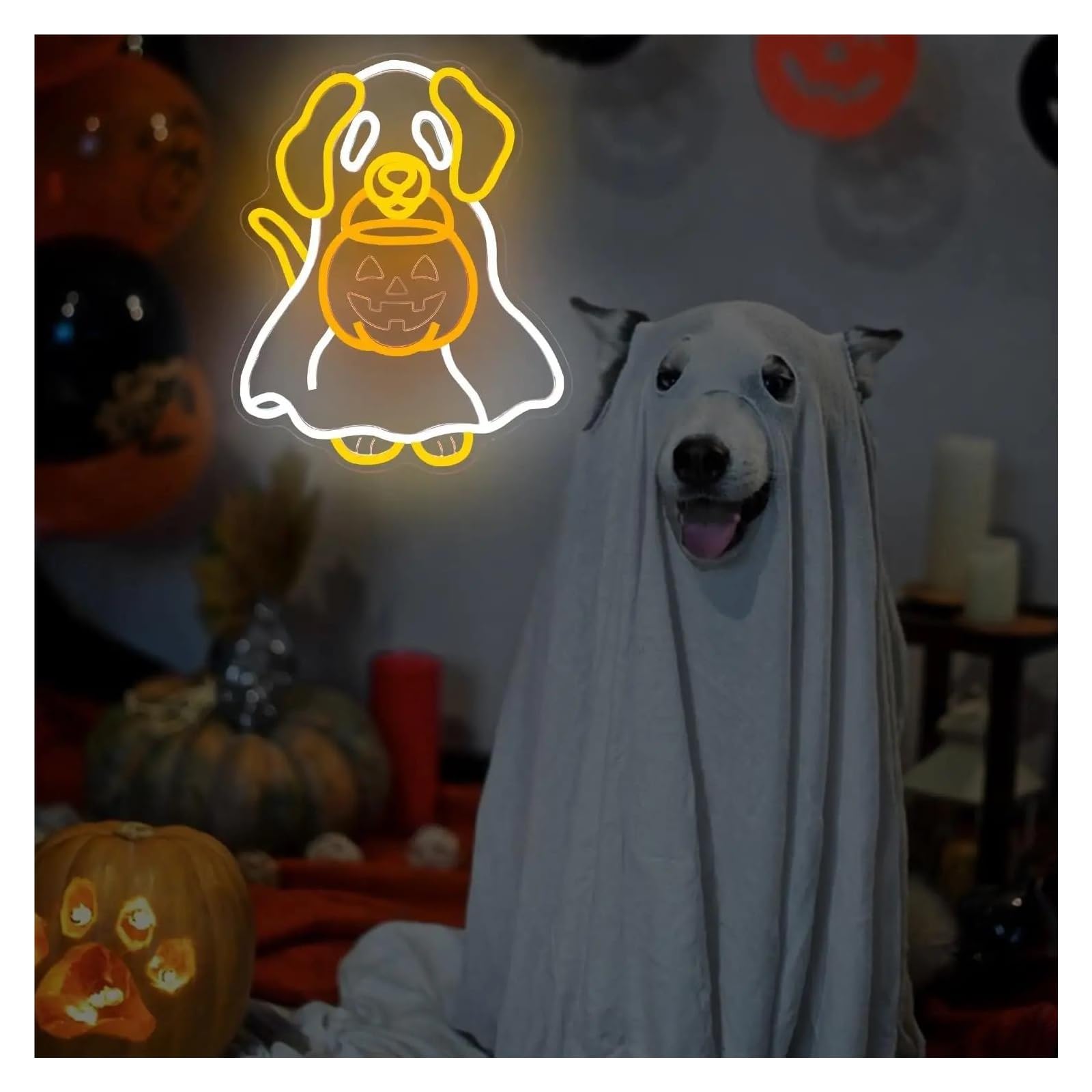 néon signe Enseigne Lumineuse LED En Forme De Chien Fantôme Intensité Variable Pour Salle De Jeux Chambre À Coucher Salon Fenêtre Décoration Murale 42.35cmx34cm