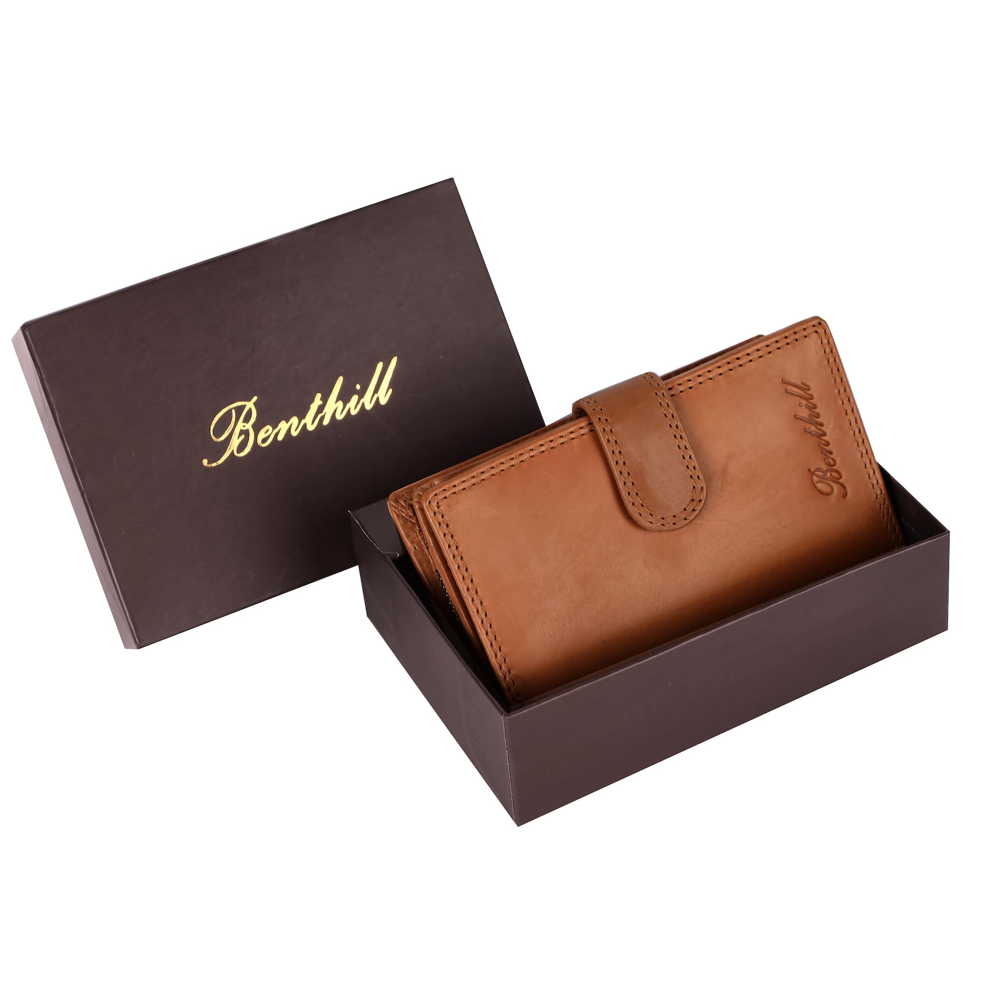 Benthill Portafoglio Donna Vera pelle | Portamoneta piccolo con protezione RFID | Portafoglio con 8 scomparti per carte e tasca per monete con confezione regalo, color:Marrone