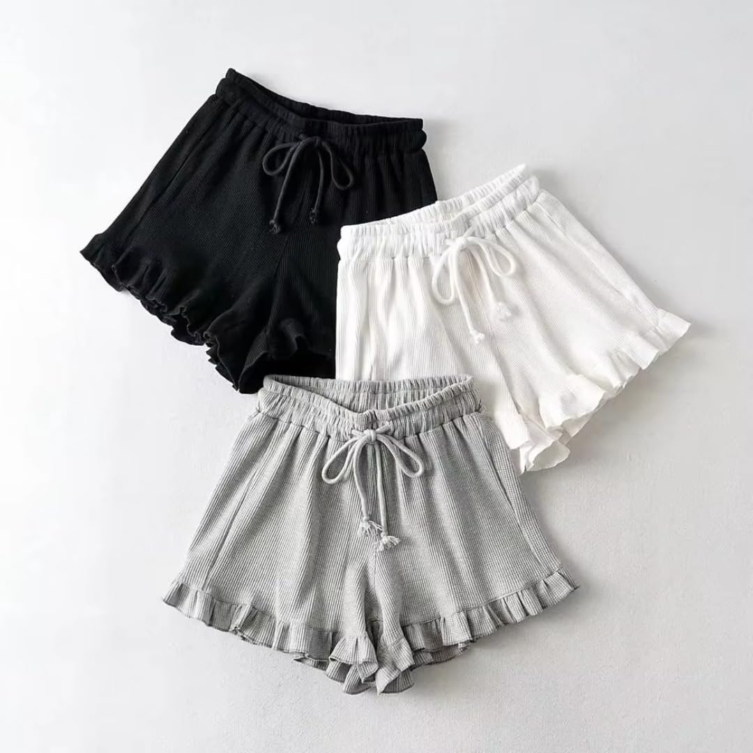 Short Femme Taille Haute À Volants Ample À Cordon | Short ample en toile polyester avec volants et poches, cordon de serrage pour printemps été style décontracté streetwear