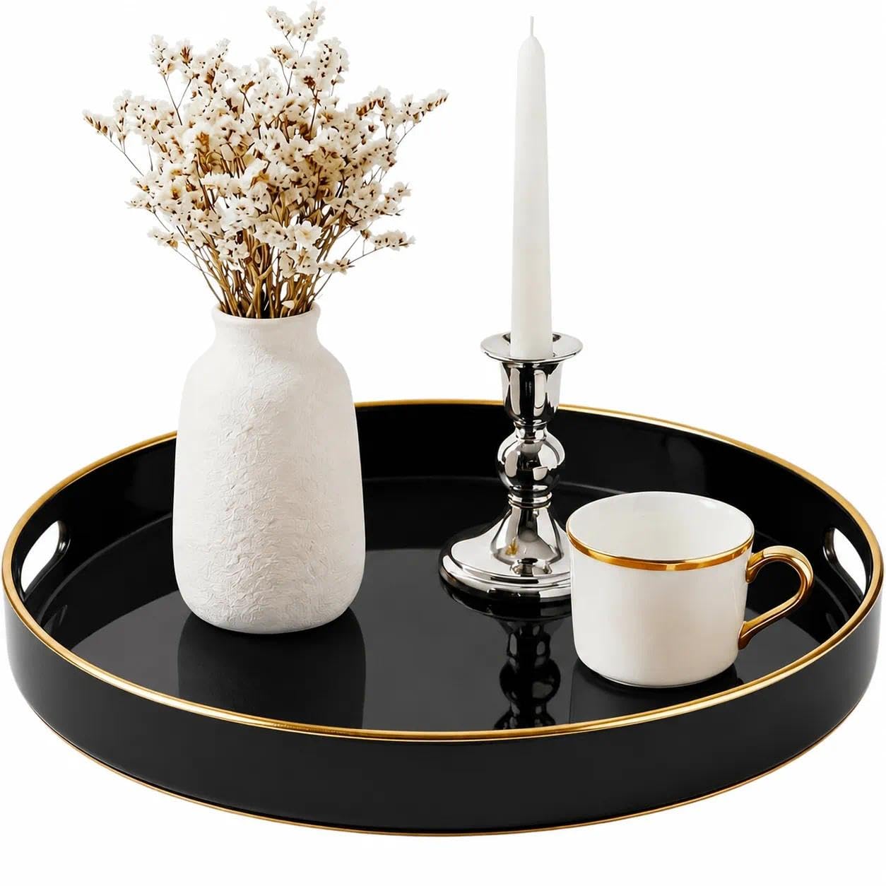 Simmer Stone Round Plastic Tray One Decorative, Round Plastic with Handles, Modern Vanity and Serving for Ottoman, Coffee Table, Kitchen and Bathroom, Size 13" (Black)