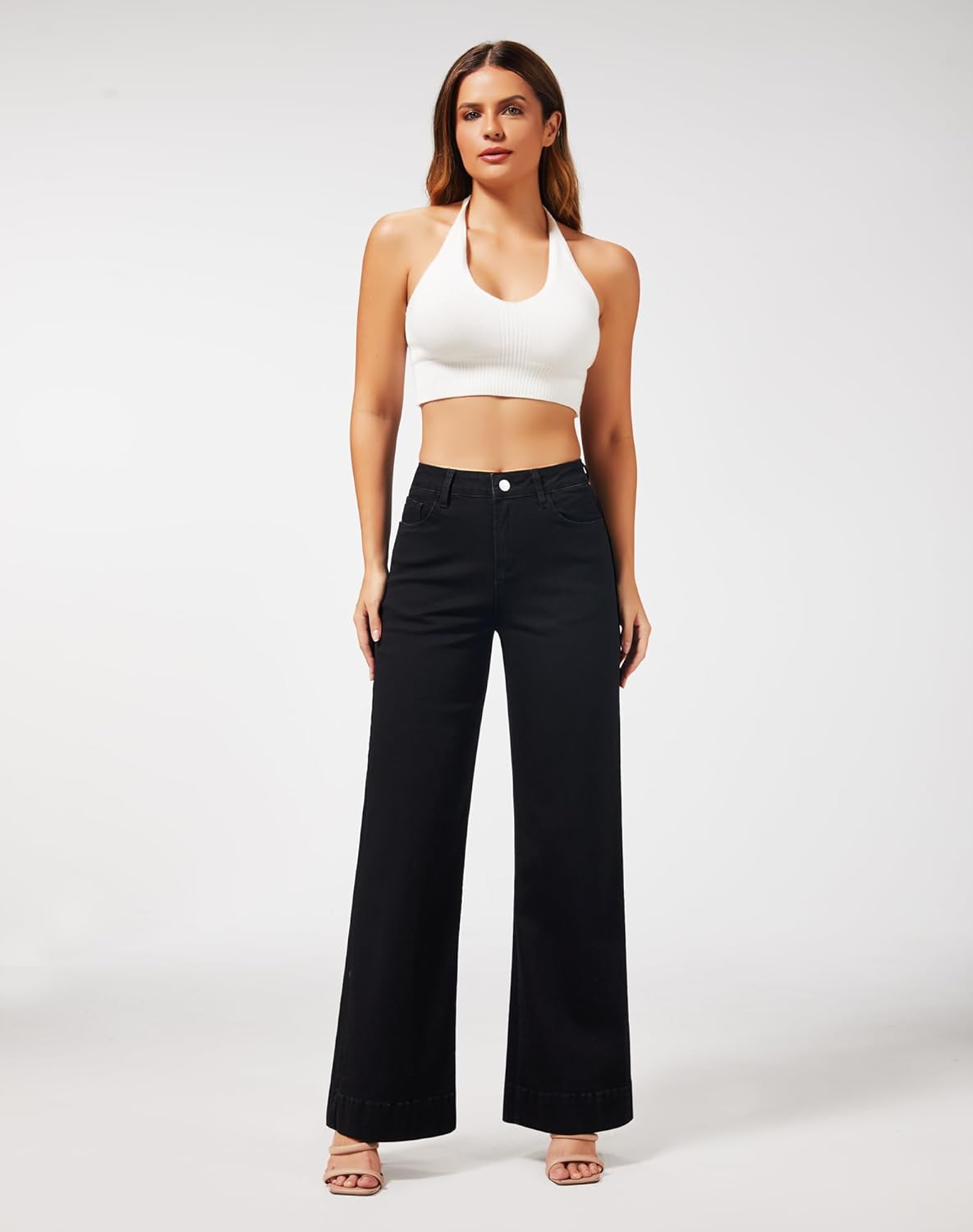 roswear Women’s Wide Leg Jeans Casual High Waisted Stretchy Baggy Loose Long Trouser Jeans