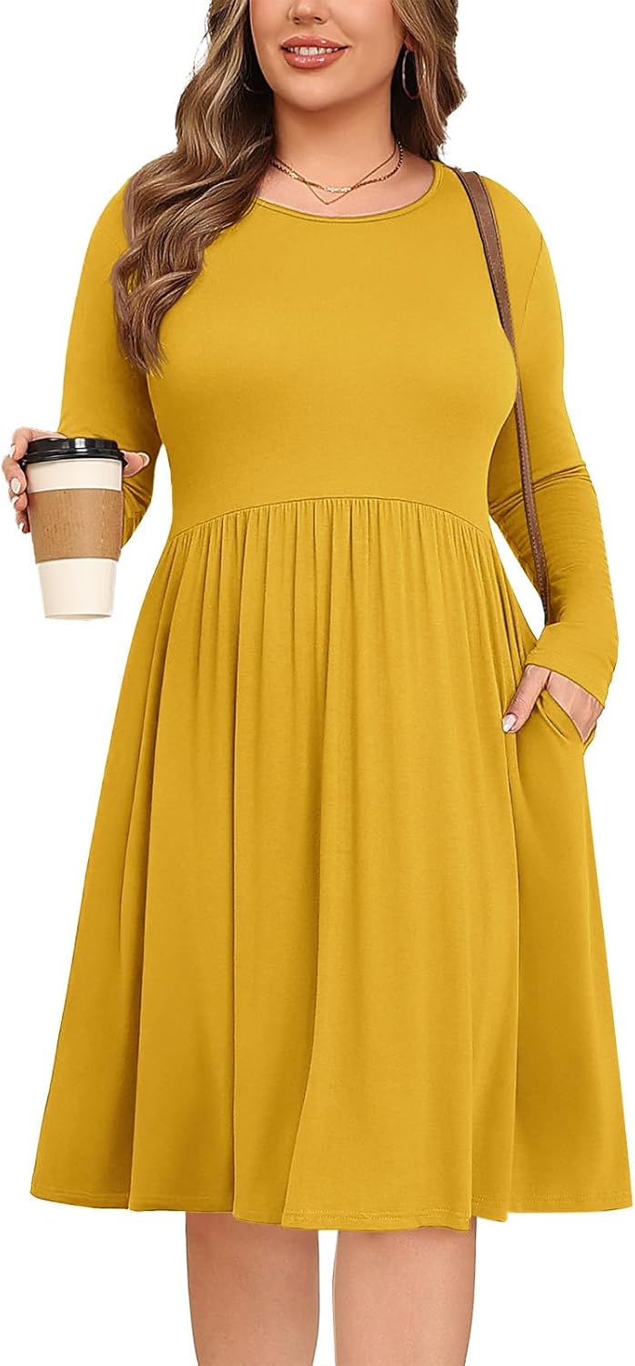 POSESHE Women's Plus Size Dresses Long Sleeves Crew Neck Casual Dresses Empire Waist Loose Flowy Dress with Pockets - Image 2