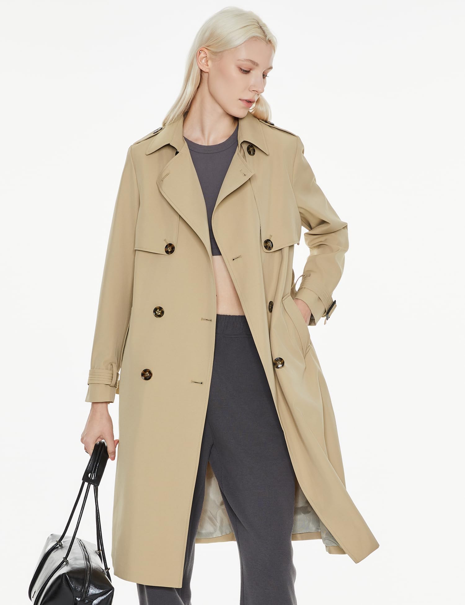 Orolay Damen-Trenchcoat Lang Zweireihig Klassischer Reversmantel mit Gürtel