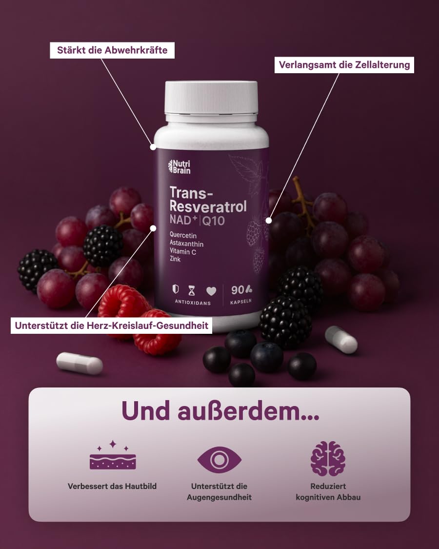 Trans-Resveratrol, NAD⁺, Coenzym Q10, Quercetin, Astaxanthin, Vitamin C & Zink | Antioxidativ, Anti-Aging & Immunsystem | 90 Kapseln | Hochdosiert | Mit 7 synergetischen Wirkstoffen | 3 Monats-Vorrat