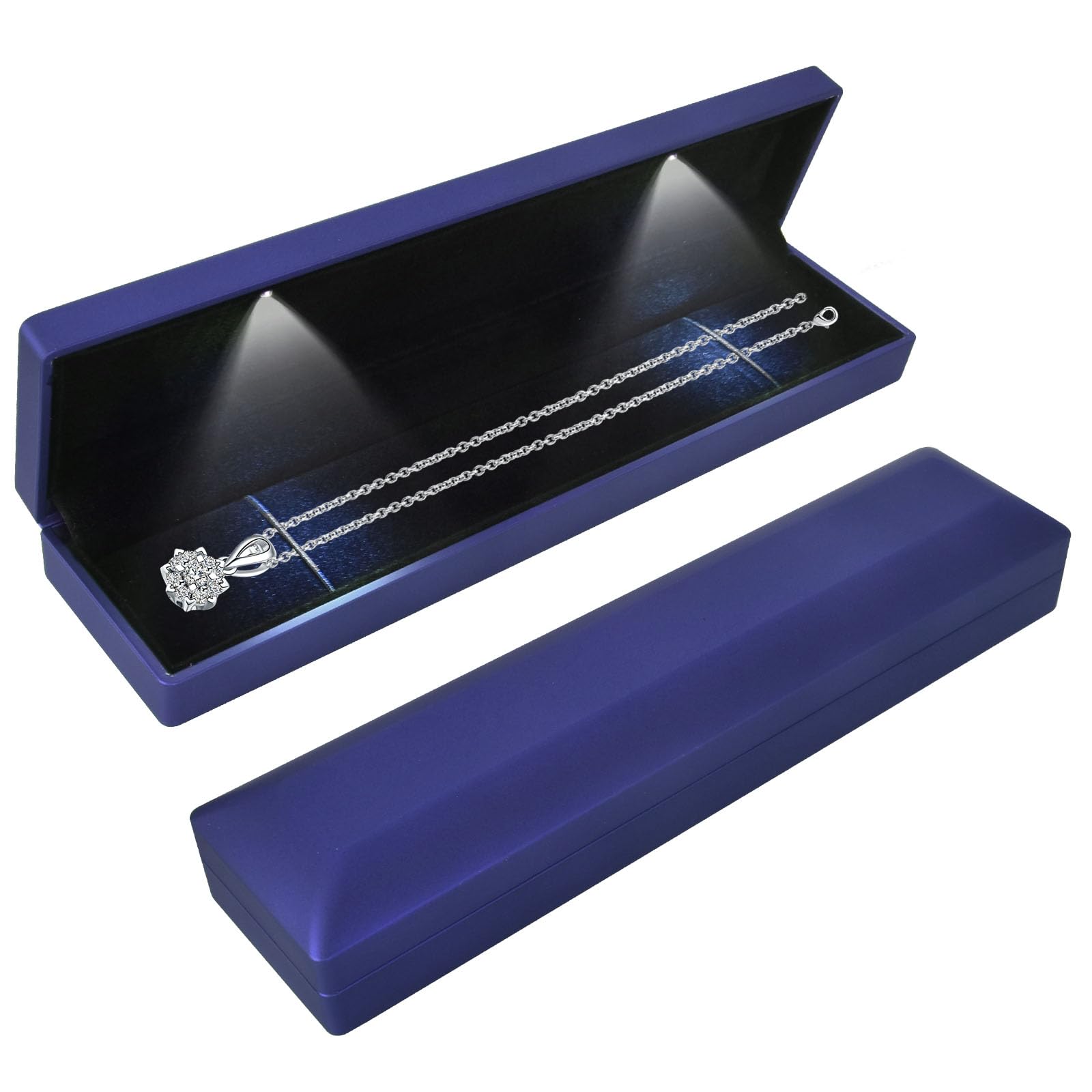 Long Necklace Box With LED Light, Necklace Bracelets Pendant Watch Chain Jewelry Gift Box, Velvet Jewelry Display Case with 2 LED Internal Light, for Proposal Engagement Wedding, 23*5.5*3.5cm, Blue