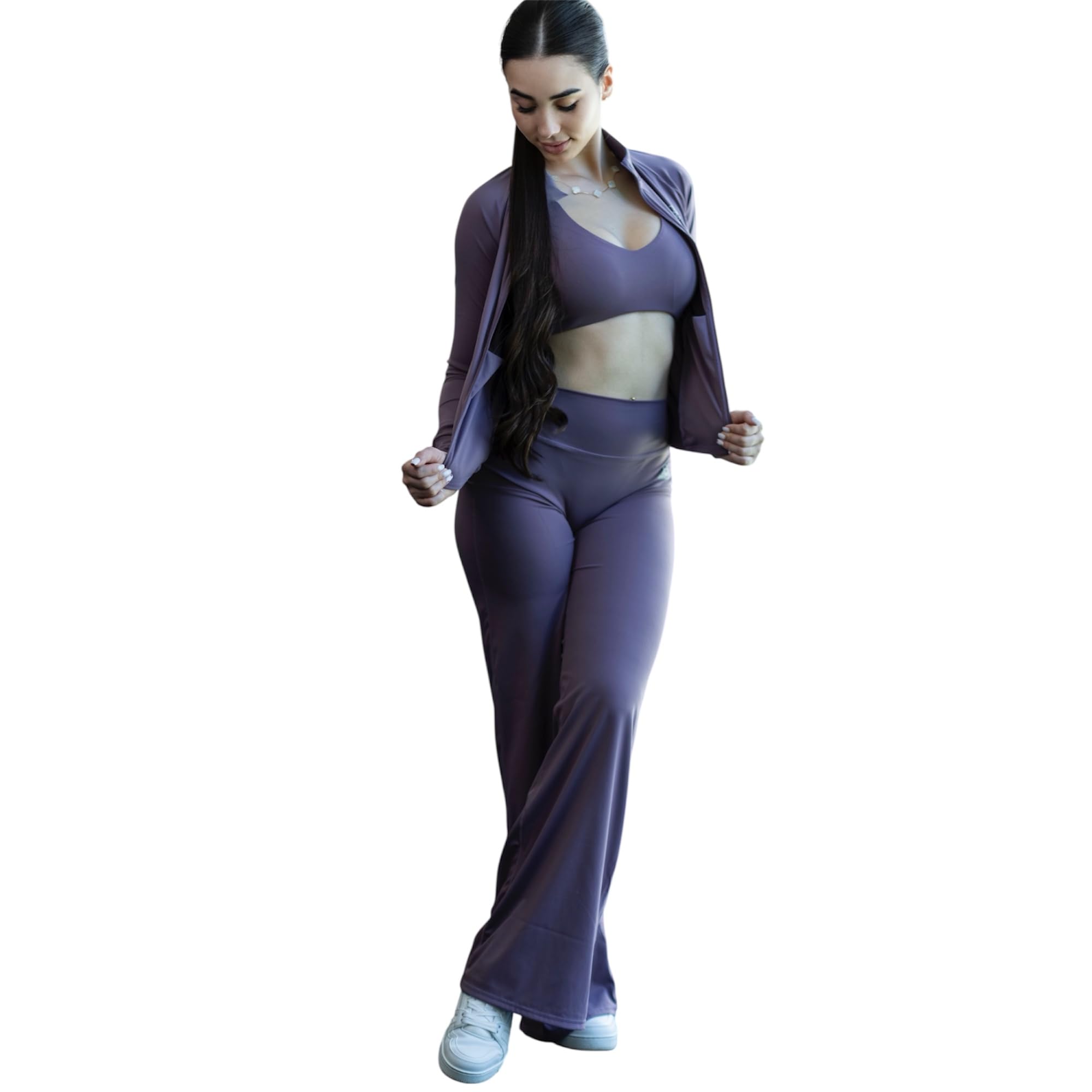 Womens 3-Piece Athletic Set Purple Long Sleeve Jacket with Sports Bra and Wide Leg Pants