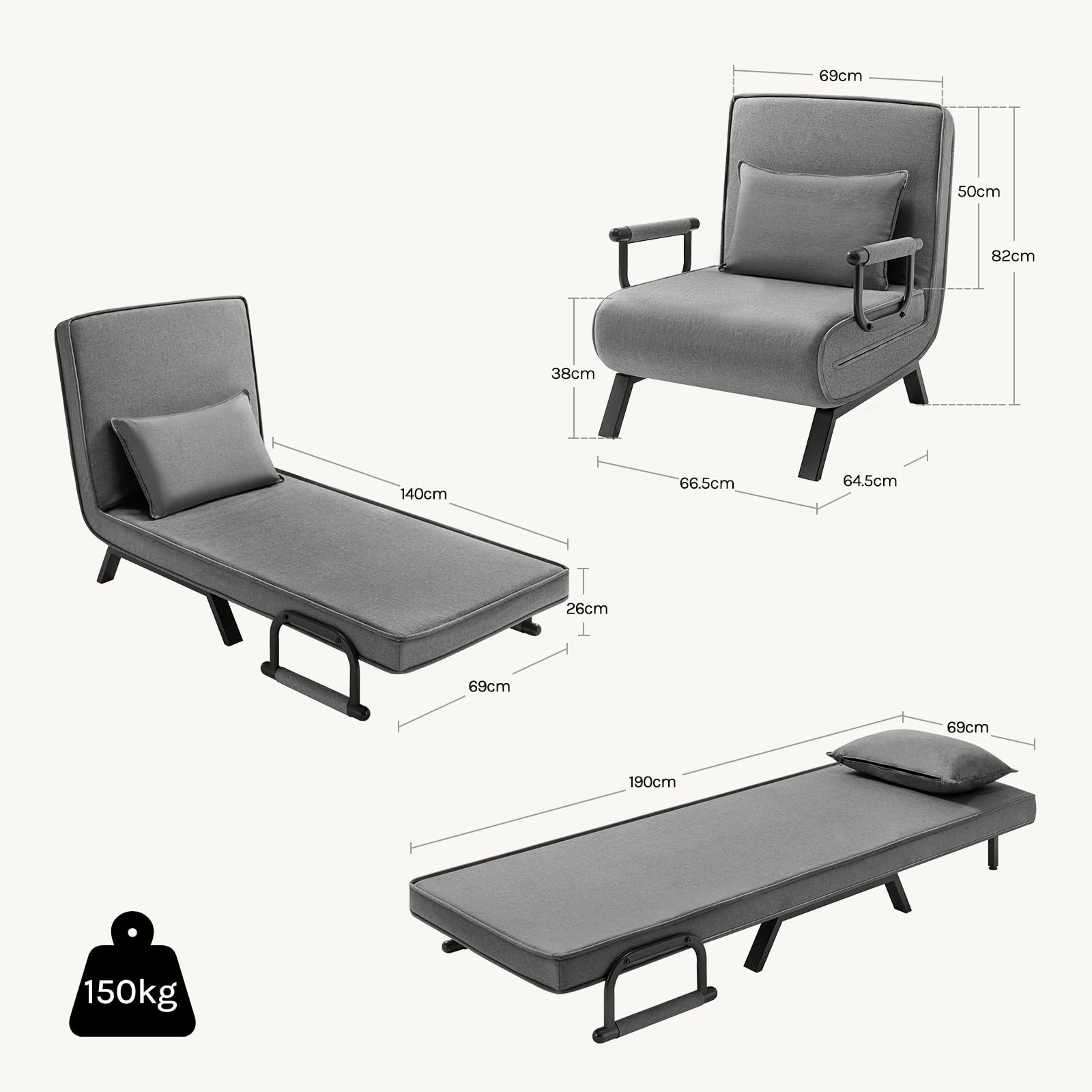 WOLTU Poltrona Relax Reclinabile Convertibile, Divano Letto Trasformabile 3 in 1, con Schienale Regolabile in 5 Posizioni, Cuscino Rimovibile, Seduta Imbottita, 80x74x82cm, Grigio Scuro