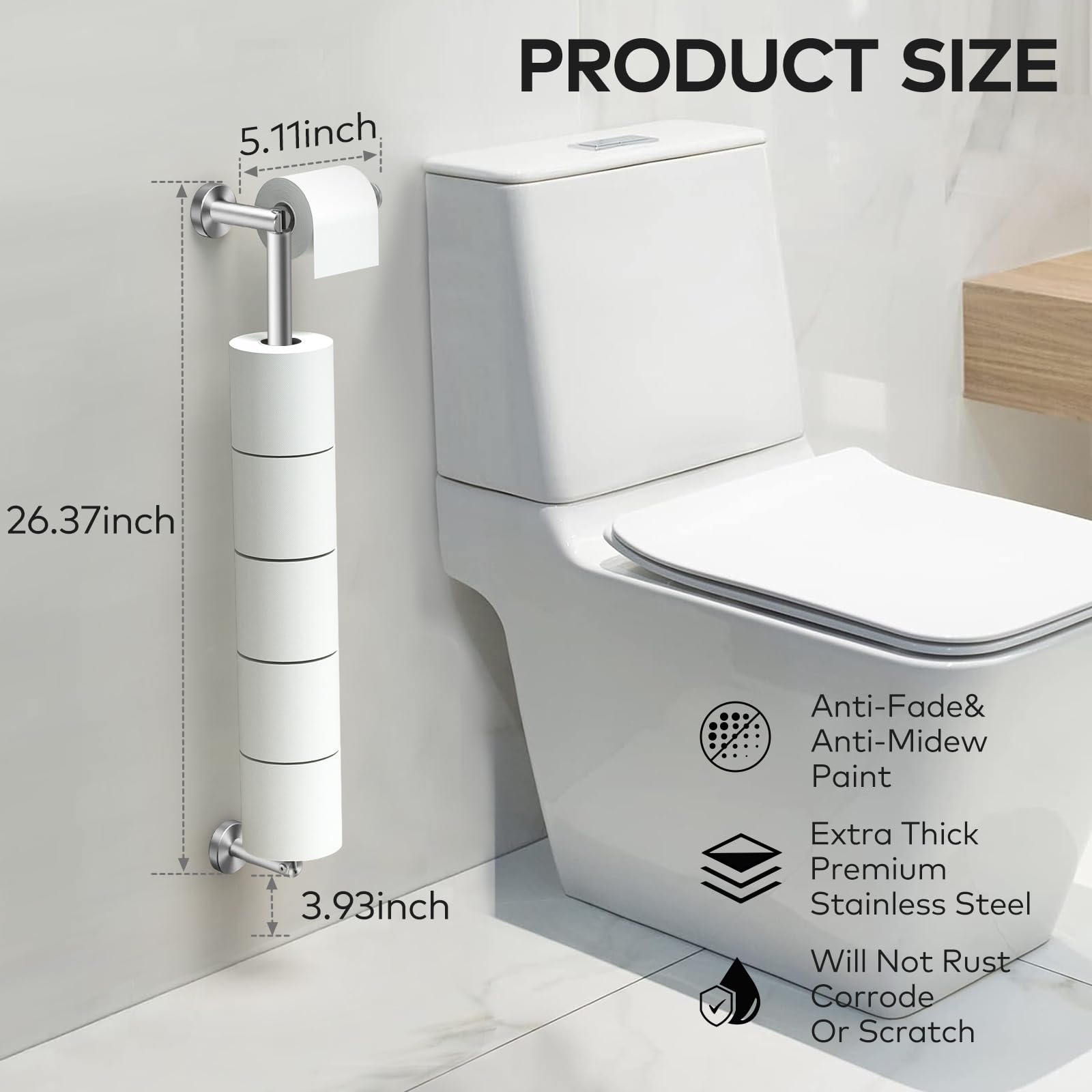 Toilet Roll Holder Wall Mounted, Holds 6 Rolls, SUS304 Stainless Steel Toilet Paper Holder with Reserve Storage, Space Saving - Image 3