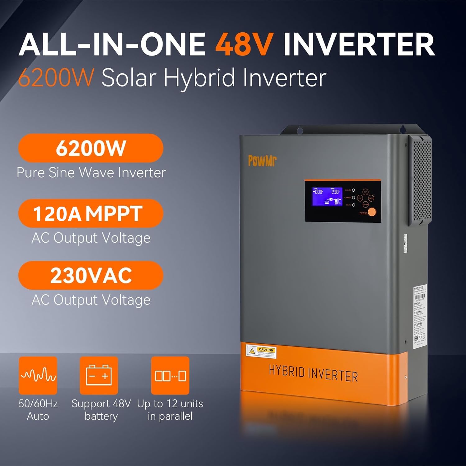 PowMr 6200W Hybrid Wechselrichter MPPT 48V DC zu 220V/230V AC Solar Wechselrichter mit MPPT 120A Laderegler Unterstützung bis zu 12 Geräte parallel, für Bleisäure/Lithium Batterien oder ohne Batterie