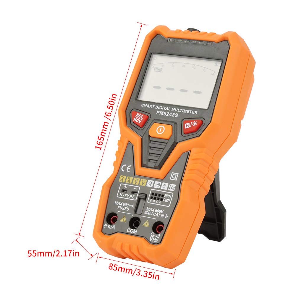 Peakmeter PM8248S Multimetro digitale con selezione automatica della gamma, tester di tensione NCV senza contatto con retroilluminazione di mantenimento dei dati, torcia per corrente alternata