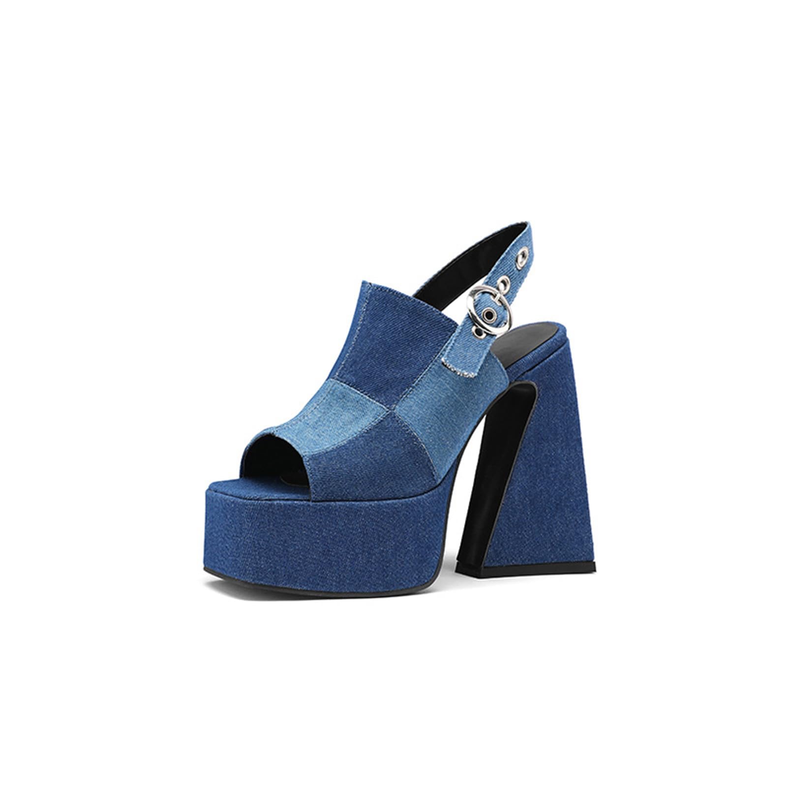 Mule in Denim con Plateau da 14CM, Tacchi a Blocco Regolabili con Cinturino Posteriore