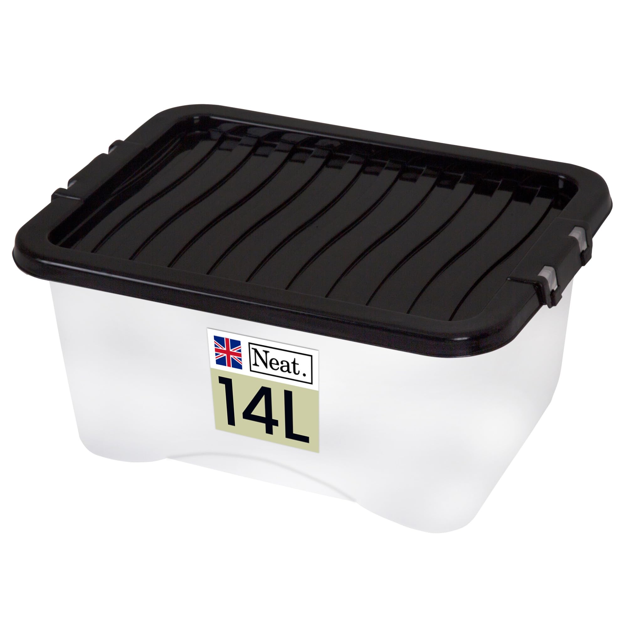 Neat. Plastics 14L Storage Box, Clear Base, Black Lid - Organise Easily with Plastic Storage Box with Lid, Ideal Clear Boxes for Storage, Durable Plastic Boxes with Lids Storage, Pack of 1