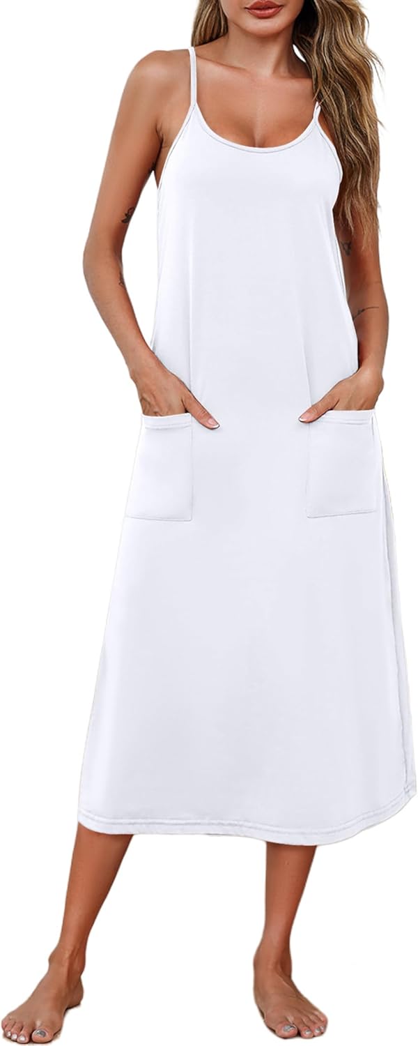 Marvmys Long Cotton Racerback Nightgowns for Women Sleeveless Sleepwear Scoop Neck Chemise Sleep Dress with Pockets