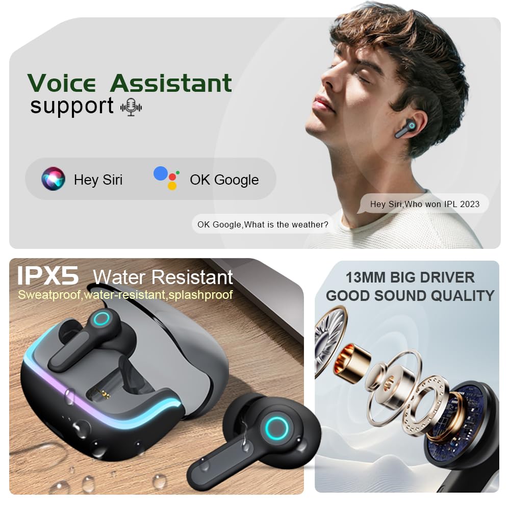G07 - Auricolari wireless con luce LED RGB da gioco, 40 ms, bassa latenza, doppia modalità di gioco e musica, cuffie wireless con 40 ore di lavoro IPX5 impermeabili (nero)