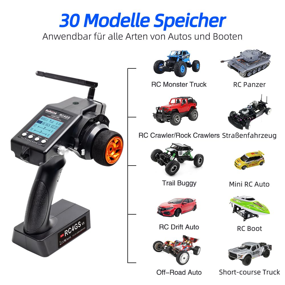Radiolink RC4GS V3 5 Kanal RC Funksender und 2 2,4 GHz R6FG Empfänger | 400M Fernbedienungsset, für RC Auto, Boot, Crawler, Panzer, Drifting, Buggy, Trageband