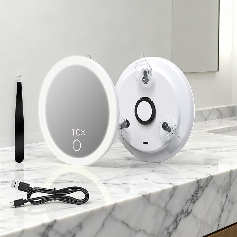 Espelho de maquiagem portátil com aumento de 10x, luzes LED, 3 ventosas e recarregável CC Mirrors