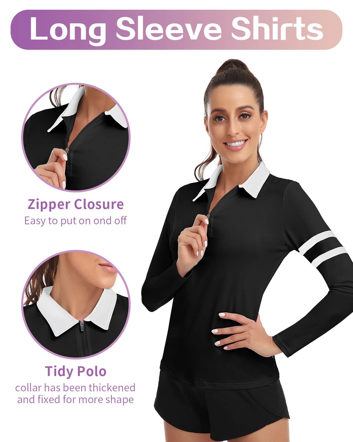 Soneven Polo Femme Manches Longues Sport t-Shirts Manches Longues Golf Tops 1/4 Zippé Séchage Rapide Fitness Hauts