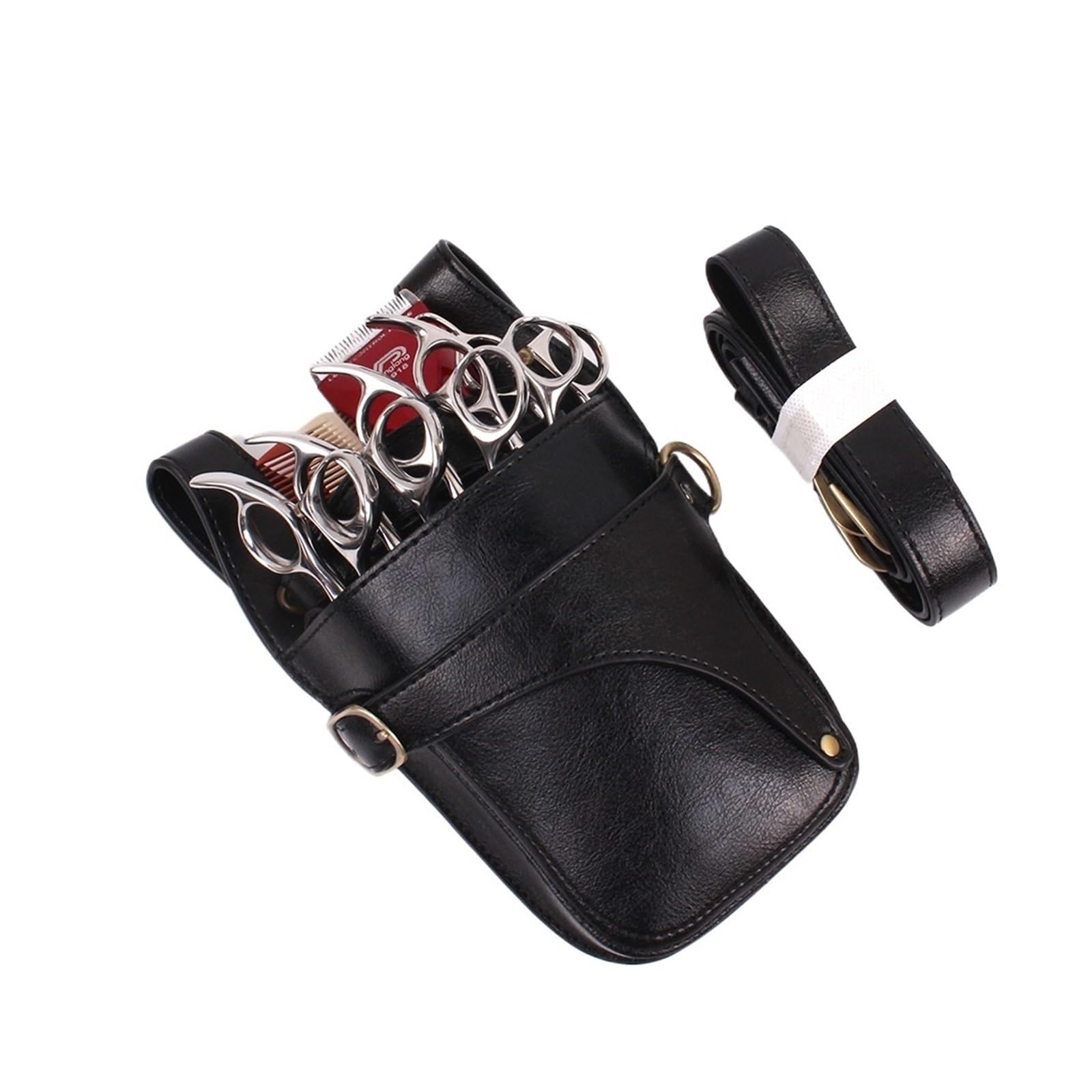 Friseurscheide Hüfttasche Haarscherentasche aus echtem Leder mit Clips, Friseurscheren-Holster, Beutelhalter, Etui mit Taillen-Schultergurt(Black)