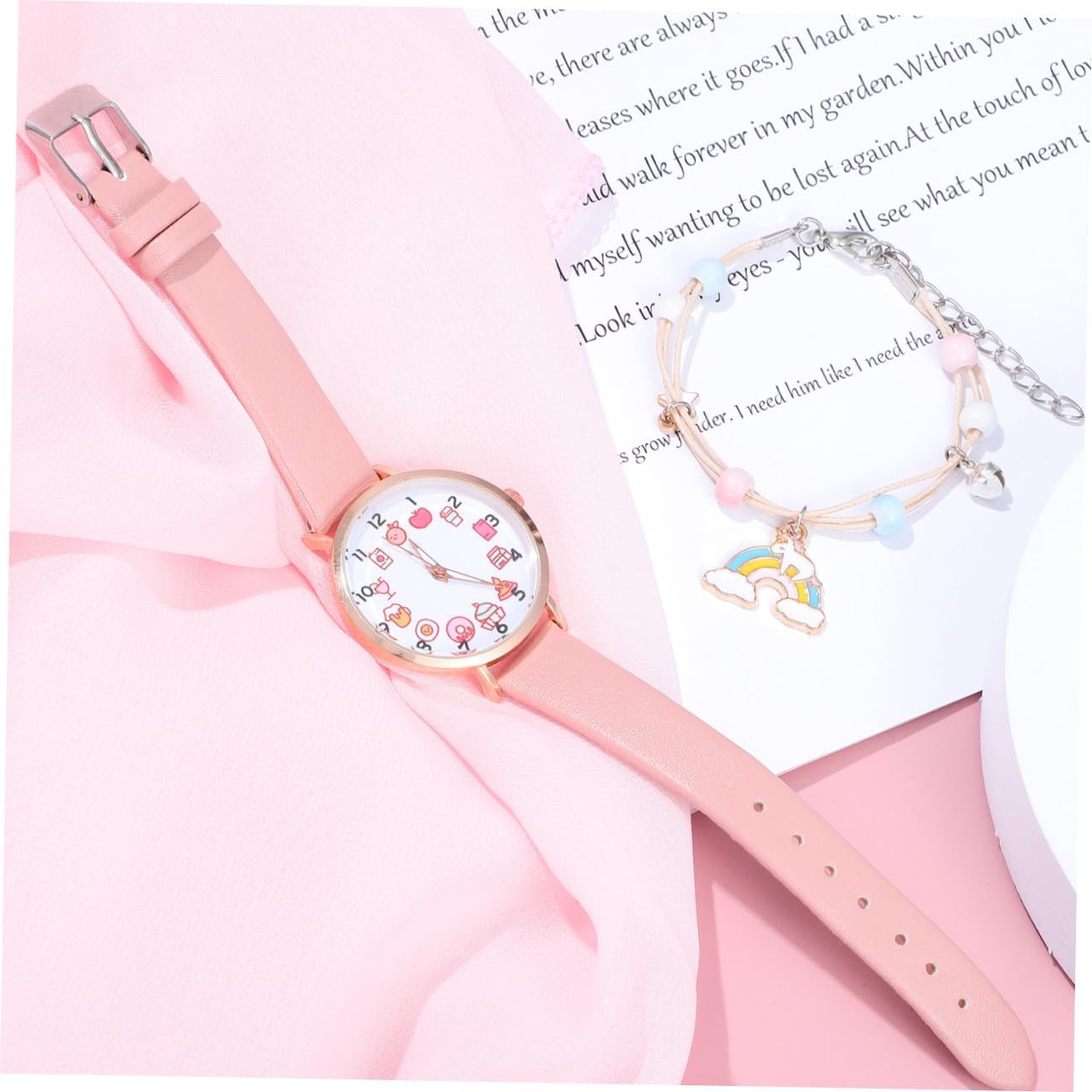 Cartoon Quartz Watch with Beaded Bracelet for Arabic Numerals Dial Accurate Timekeeping Charming Timepiece for Birthday and Day