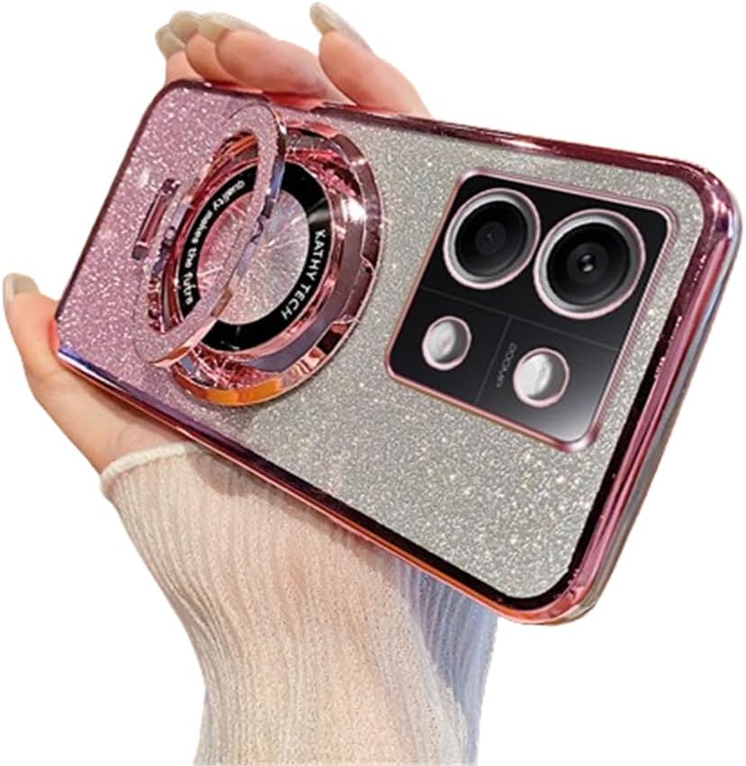 GYHOYA Sparkle Cute Case with Stand for Redmi Note 13 Pro 5G - Slim Clear Glitter Bling TPU Protective Case - Pink