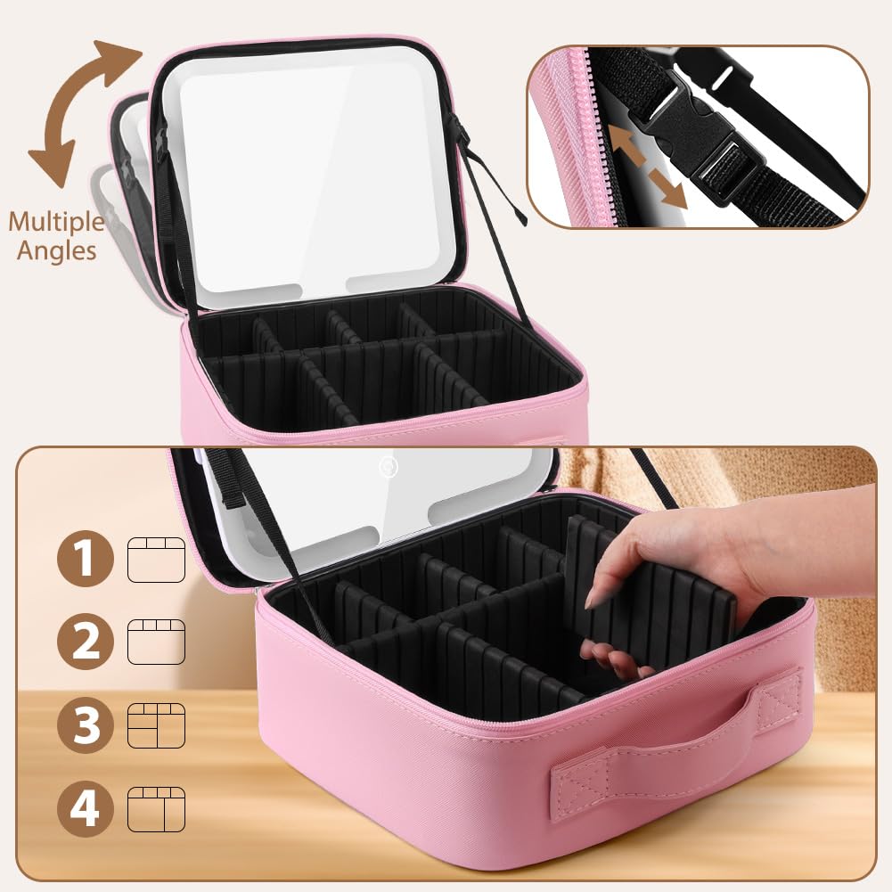 OSDUE Beauty Case da Viaggio Donna 23x26 cm Borsa Cosmetica con Specchio 3 Colori LED Porta Trucchi Rosa