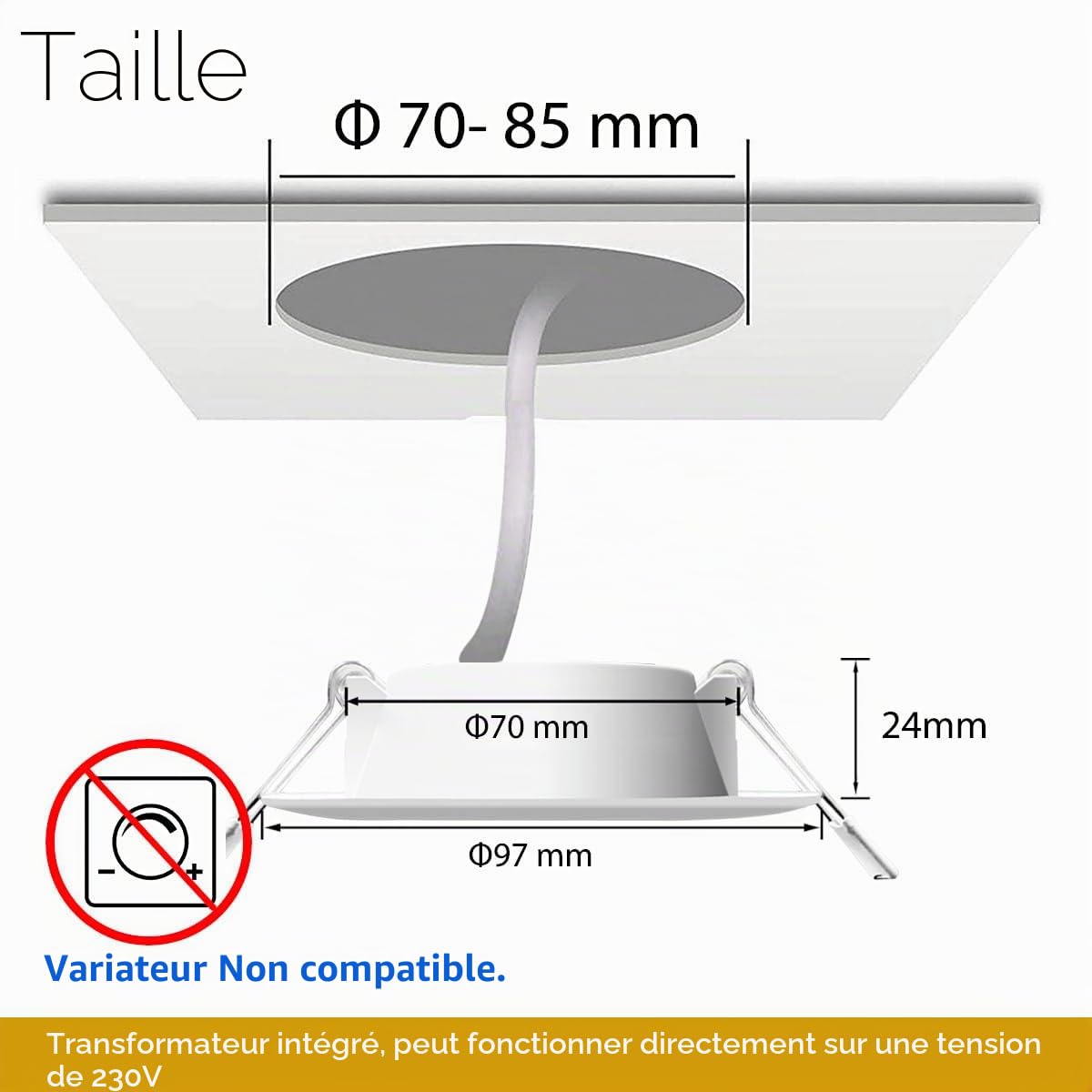 HEKEE Spot Led Encastrable 8W (équivalent 60W), Découpe 68-85mm, Encastré Lampe Plafonnier IP44 2700K blanc chaud - Lot de 5