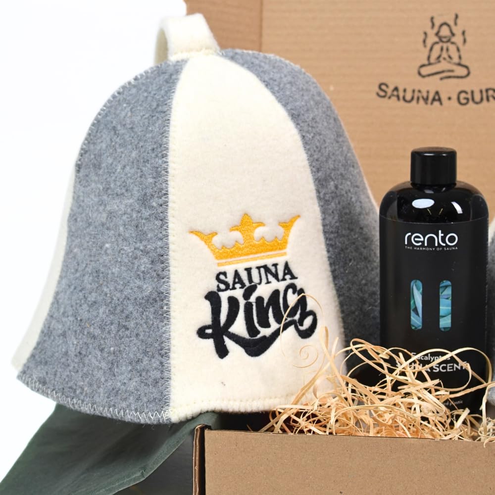 Sauna Geschenkset „Sauna King & Queen“ – 2x Saunahut aus 100% Wollfilz + Eukalyptus Saunaaufguss – Luxus Sauna Set für Zwei – Saunazubehör & Geschenkidee für Sauna Liebhaber, Wellness & Entspannung
