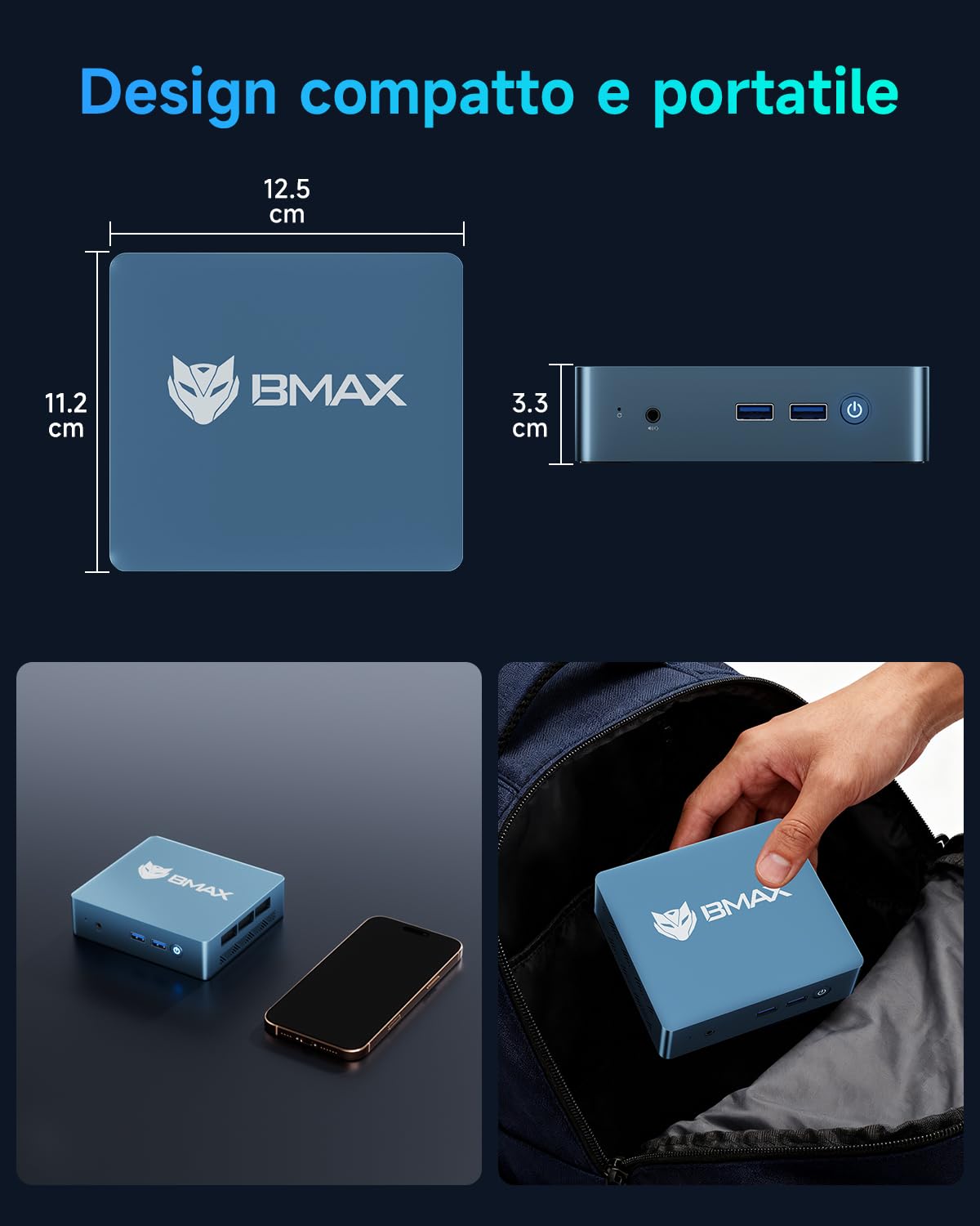 BMAX Mini PC 8GB DDR4 + 256GB NVMe SSD, Mini Computer, Ιntel 5205U (1.9 GHz), Gigabit Ethernet, 4K UHD Dual Display, Dual Wi-Fi, BT 5.0 Office Desktop PC RAM espandibile fino a 64 GB
