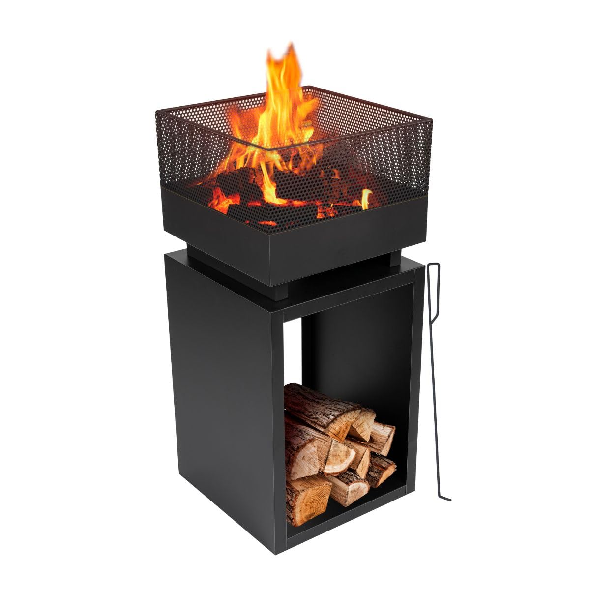 BBQ Collection Brasero Exterieus avec Pare-Étincelles - Cheminée de Jardin 39 x 39 x 85 cm - Cheminée Decoration Jardin Exterieur et Rangement du Bois de Chauffage - Acier au Carbone