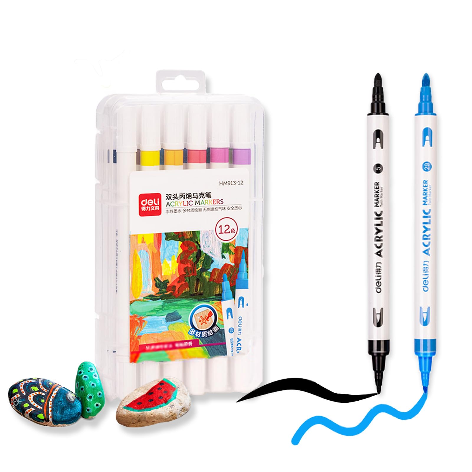 deli Paint Markers Dual Tip Quick Drying Acrylic Marker Pens for Kids Paint Pens for Wood Rock Canvas (12 Colors)