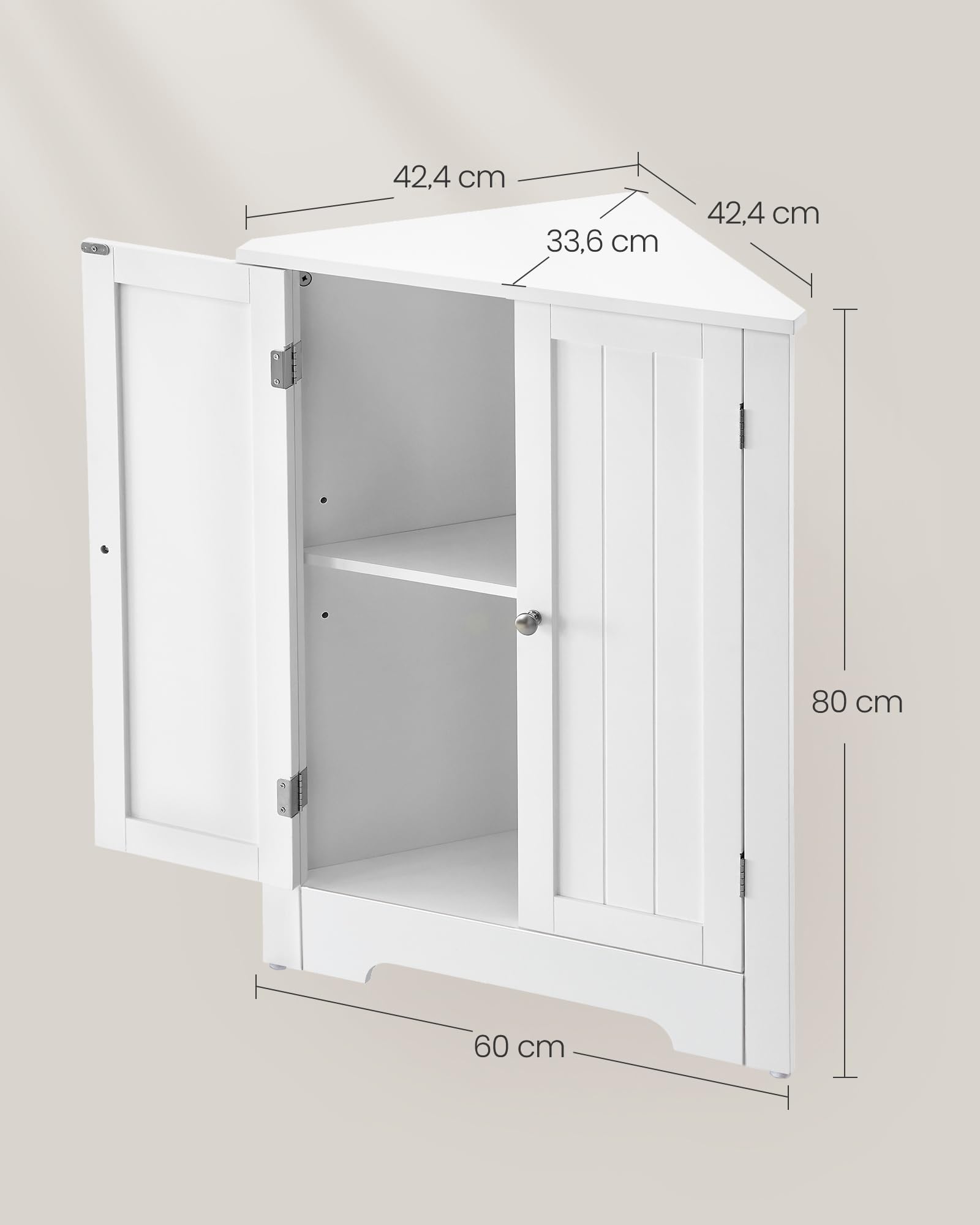 VASAGLE d’Angle, Meuble Portes et Étagère Réglable, pour Salle de Bain, Cuisine, Salon, Design Campagne Moderne, Blanc Nuage BBC844P31, 60 × 33,6 × 80 cm