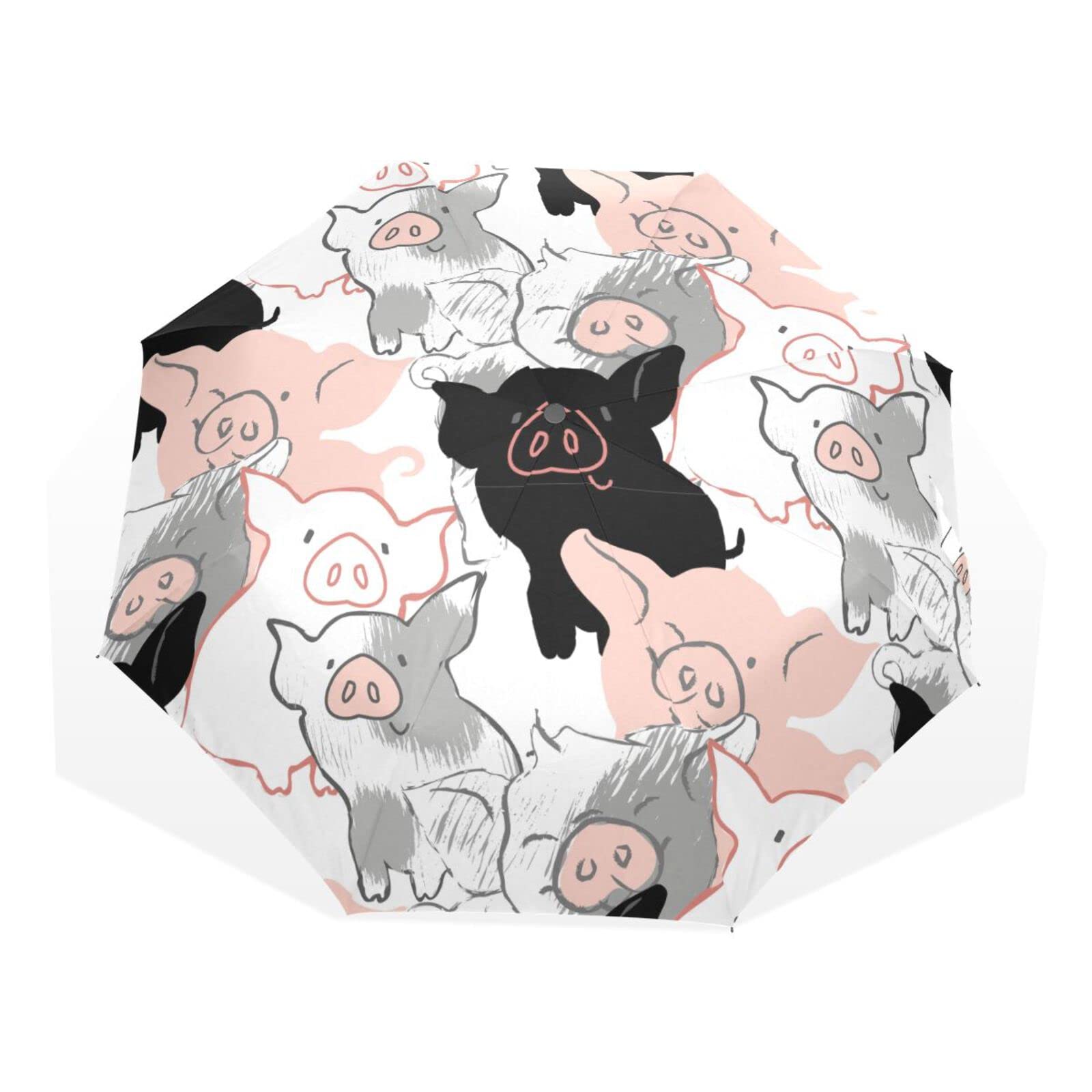 Poeticcity Seamless White Black Pink Pig Texture Travel Umbrella, Hand Open Close Windproof Waterproof Folding Umbrella, Black Tape Compact Canopy Strong Anti UV Ray Parasol