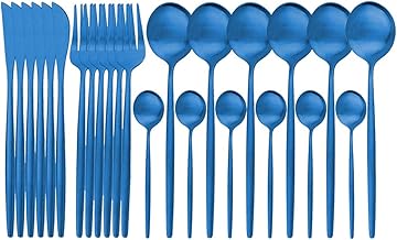 Conjunto de talheres ouro fosco e talheres 24 peças talheres de aço inoxidável talheres de cetim 6 pessoas serve casa e restaurante serviço de jantar seguro para lava-louças (cor: azul)