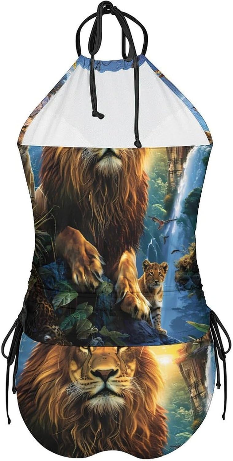 Wild Animal Lion Women's Tankini Swimsuit Two Piece Tummy Control Bathing Suits Tie String Swimwear