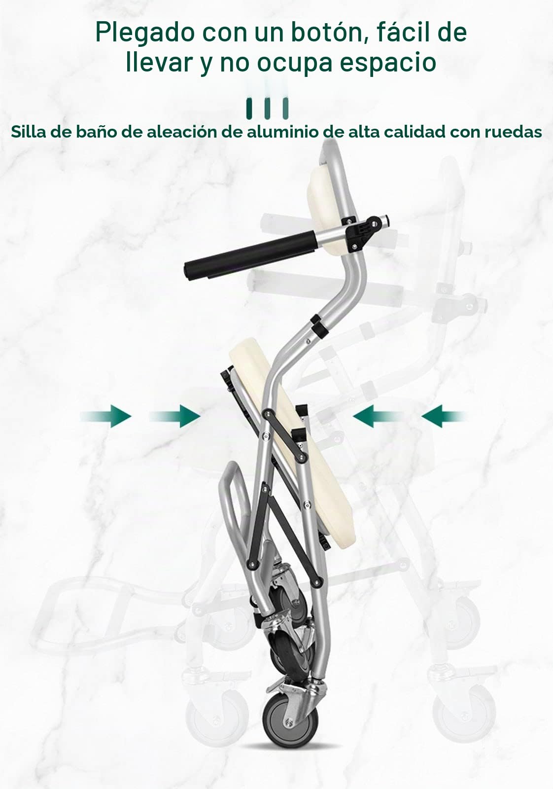 Silla de Ducha con Ruedas para Personas Mayores, Silla de Baño Plegable con Reposabrazos y Respaldo, Taburete de Ducha para Personas Mayores Mujeres Embarazadas