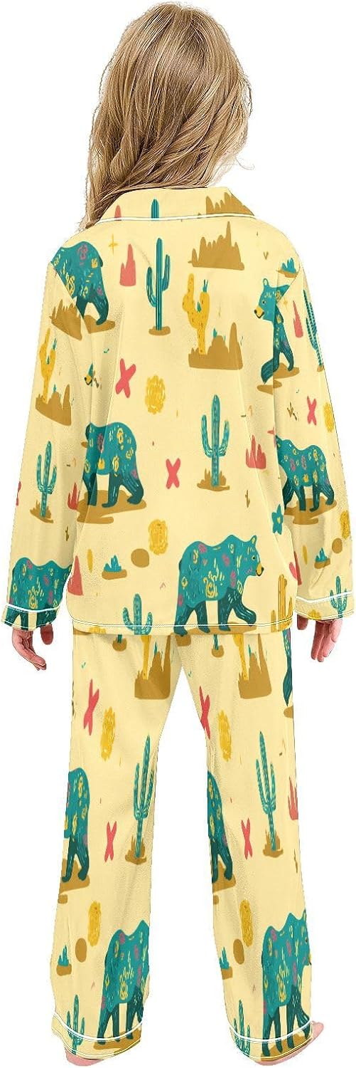 Button Up Satin Pajamas Set Bear Cactus Funny Long Sleeve Sleepwear 2 Piece Pjs Set 5-14 Years