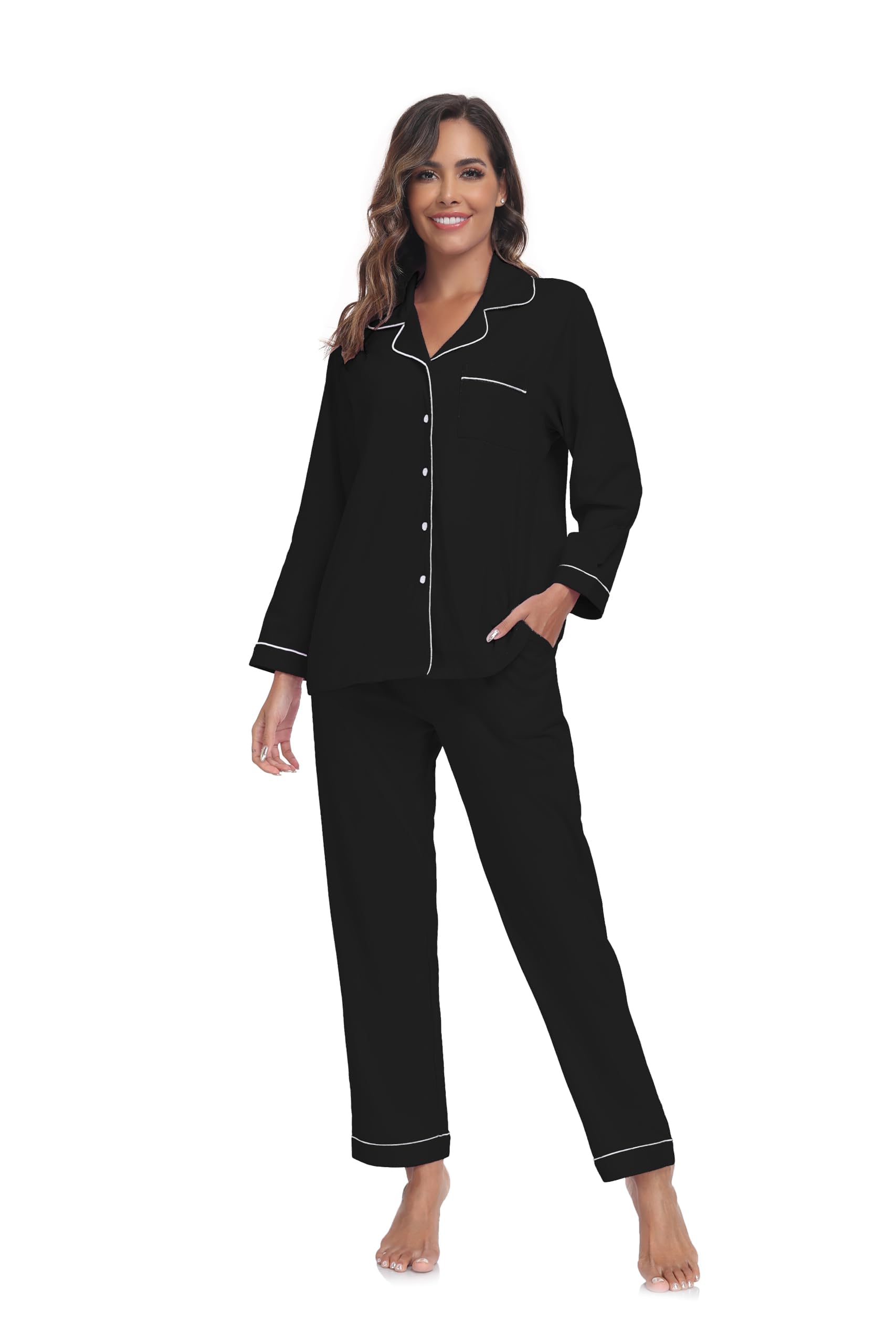 Schlafanzug Damen Baumwolle Pyjama Set Langarm Knopfleiste Hose