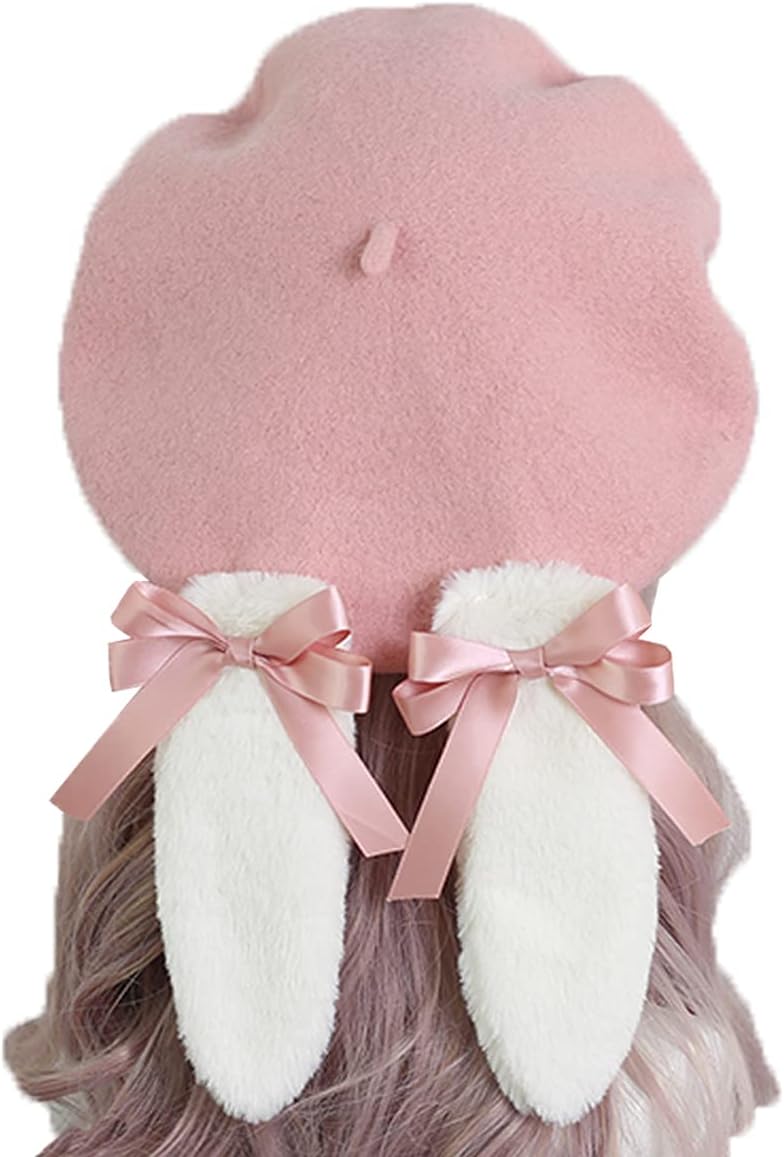 Lolita Beret Hats for Women Cute Bunny Ears Removable Soft Wool Warm Winter Hat White Pink Black