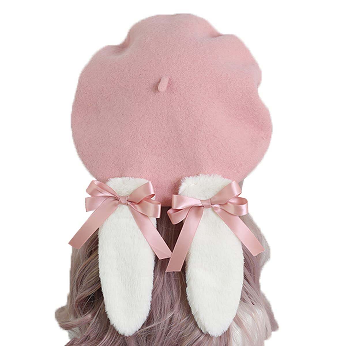Lolita Beret Hats for Women Cute Bunny Ears Removable Soft Wool Warm Winter Hat White Pink Black