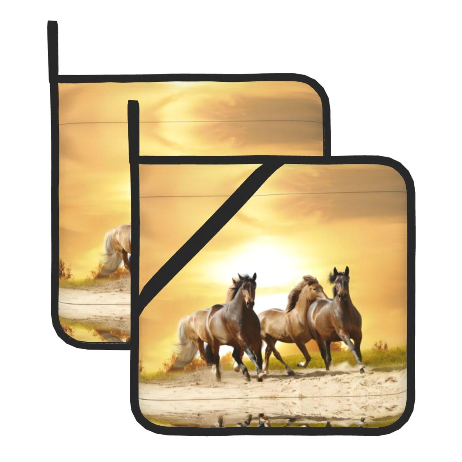 YYHWHJDE Horse Prints Square Hot Pads for Kitchen Counter - Waterproof Pot Holders, Durable Oven Mitt Layers with Hanging Loop, Heat Resistant Trivets (2-Pack)