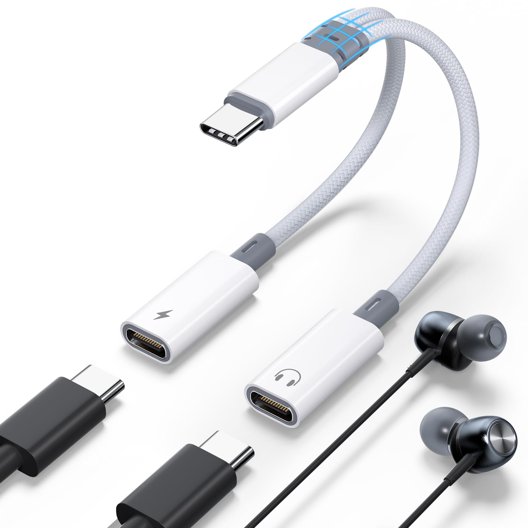HAUXGOGO Adattatore di ricarica per cuffie a doppia porta USB-C Splitter USB C, convertitore audio di tipo C PD 100W a ricarica rapida - Gray HAUXGOGO Adattatore di ricarica per cuffie a doppia porta USB-C Splitter USB C, convertitore audio di tipo C PD 100W a ricarica rapida - Gray