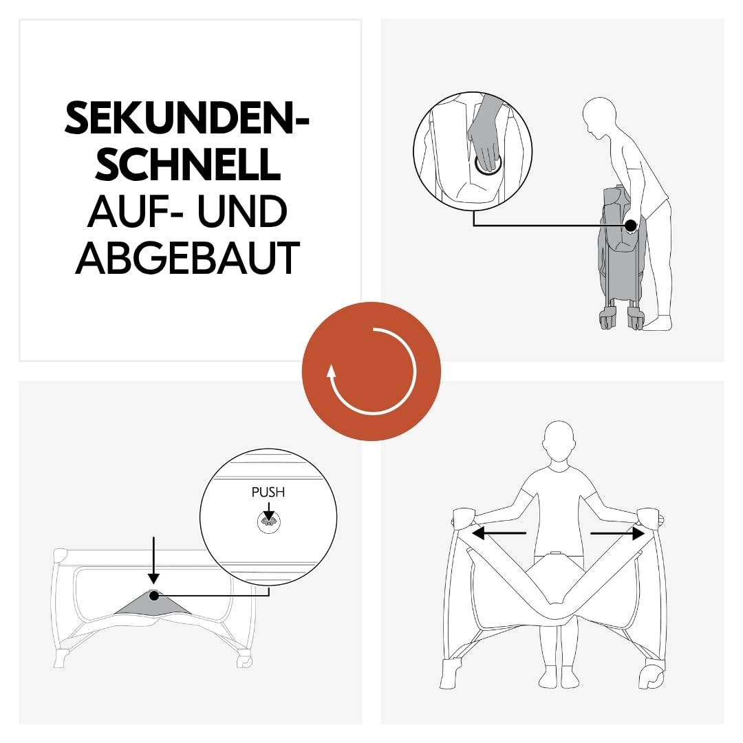 hauck Sleep N Easyfold Baby Reisebett Set- Dark Grey | inkl. Matratze & Insektenschutz | schnell faltbares Kinder Reisebett mit Rollen, Seiteneingang & Transporttasche