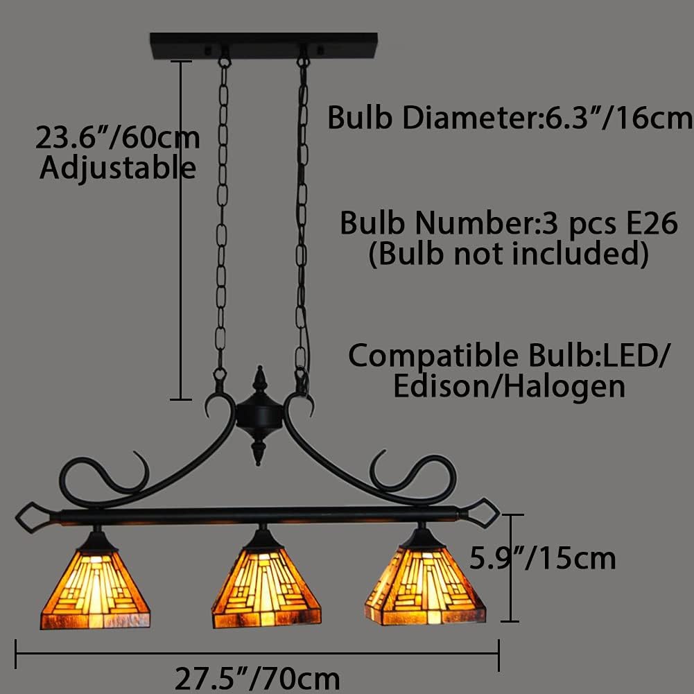 Tiffany Kitchen Island Lights, 3-Light Linear Chandelier Vintage Stained Glass Hanging Pending Lighting for Farmhouse Dining Living Room Bars Game Room, with 23.6" Adjustable Chain