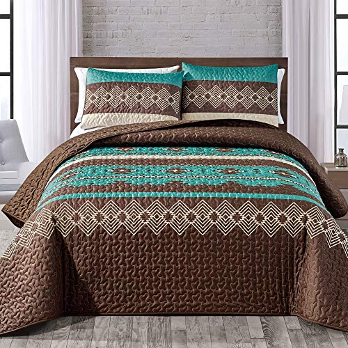 WPM WORLD PRODUCTS MART Southwest Teal/Beige/Brown Print Bedspread 3 Piece Navajo/Native American Tribal Design Microfiber Cabin Lodge Quilt Set- Queen Size Southwestern Bedding Makala (Queen) - Thumbnail 4