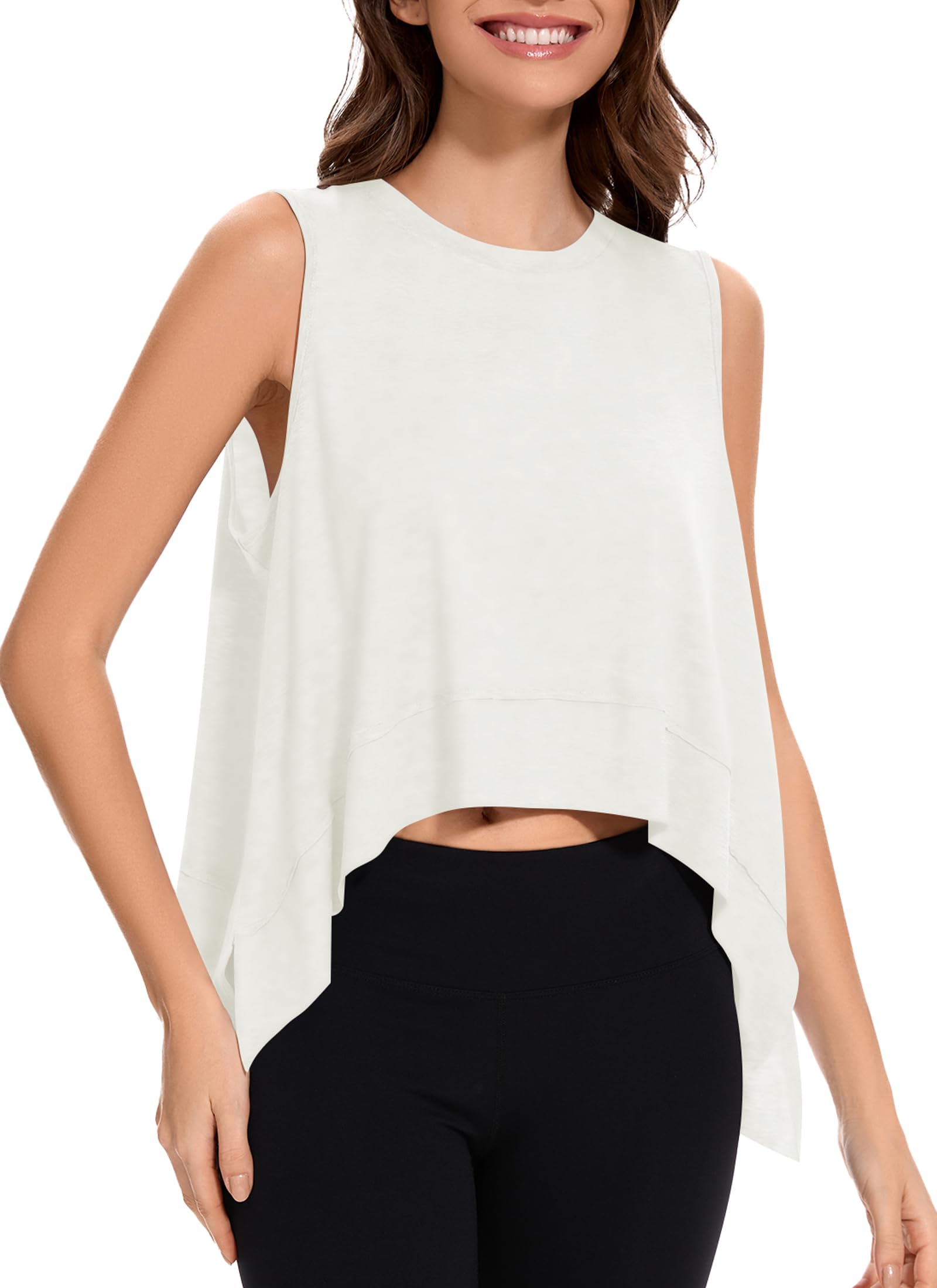 LOZ Women's Summer Casual Round Neck Tops White Loose Fit Crop Tank Oversized Athletic Sleeveless Tees Yoga Gym Workout T Shirts