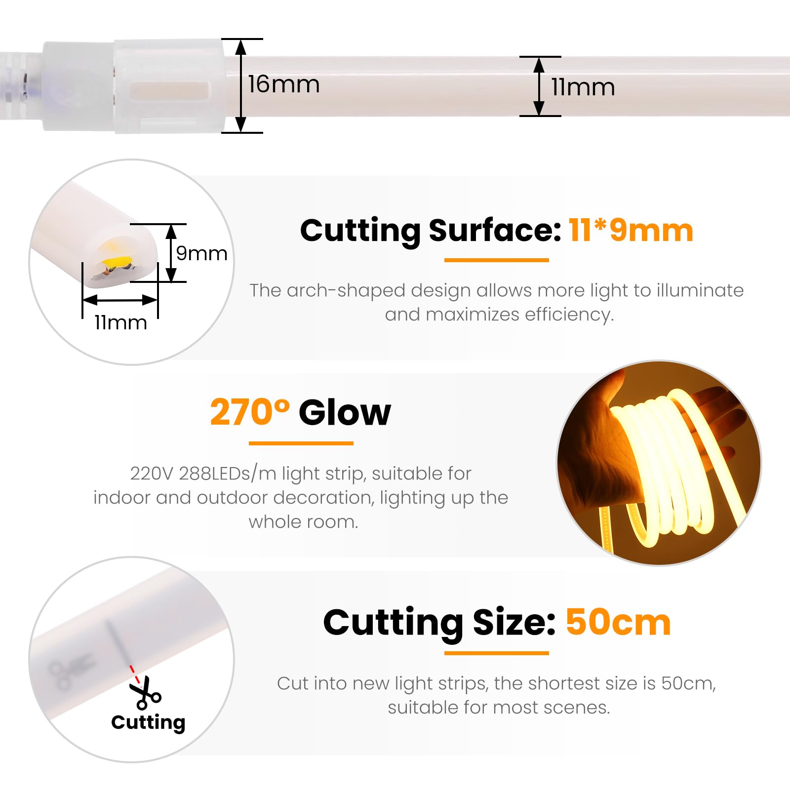 Tira de LED de neón COB 220-240V 4m, 270°iluminación, recortable (50cm), 288LEDs/m Tira de LED FCOB Blanco Cálido Flexible superbrillante con Enchufe para Navidad, decoración de fiestas