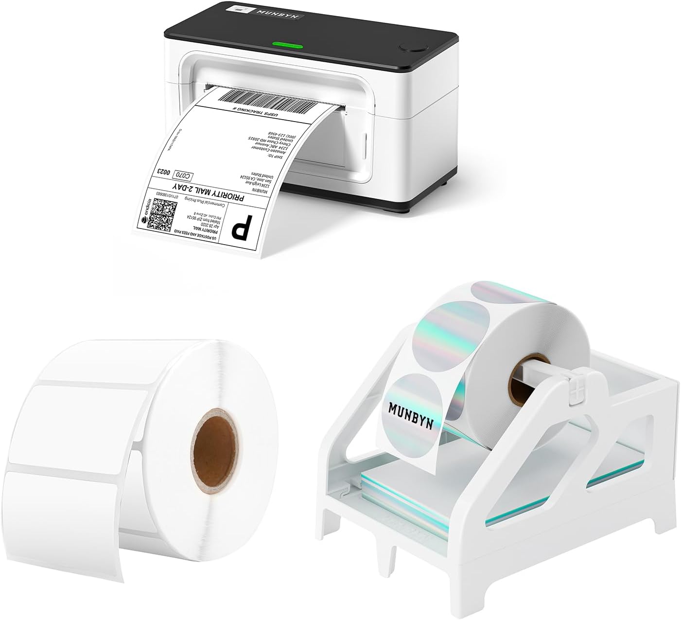 MUNBYN RealWriter 941 Shipping Label Printer 4x6 Label Printer for Shipping Packages+2.25 x 1.25 Direct Thermal Labels White Thermal Printer Labels+White Label Holder