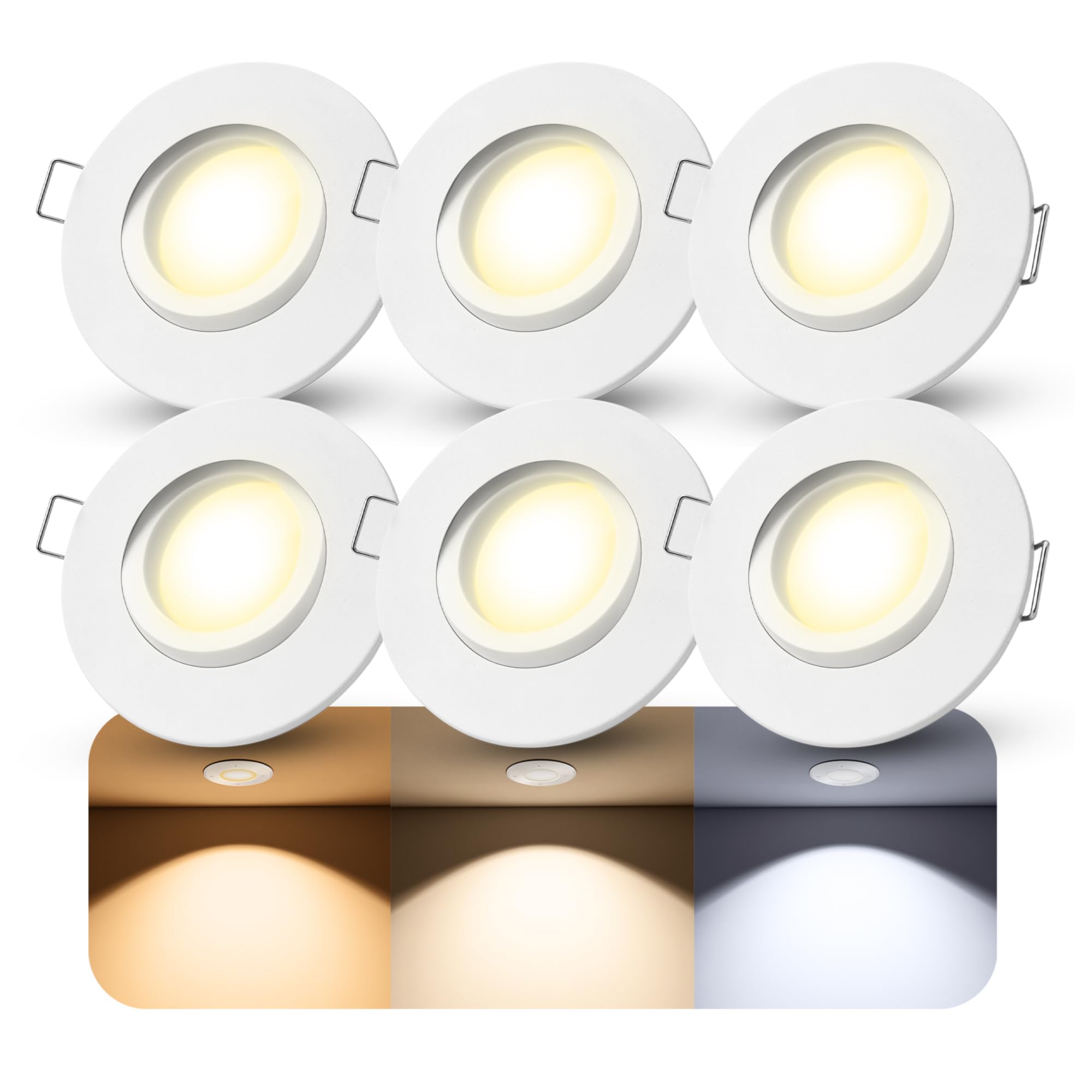 SSC-LUXon ORVIA Einbauspot 6er Set weiß schwenkbar IP65 GU10 3 Lichtfarben | Sechs Deckenspots IP65 weiß - 360° schwenkbar, warm / neutral / kalt, dimmbar, für Bad & Küche, inkl. GU10 LED